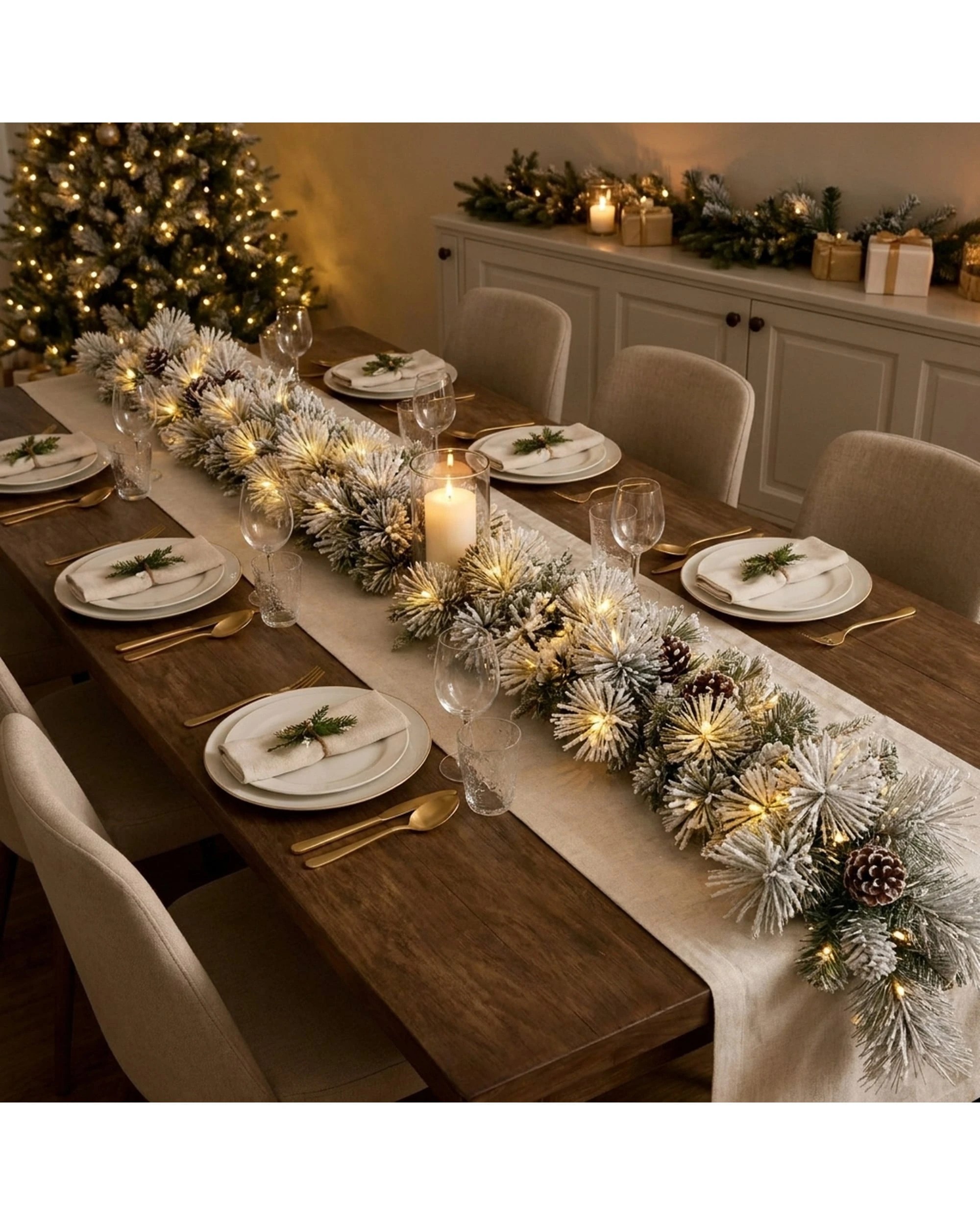9 Christabelle 2.74m Pre-Lit Flocked Garland, Pine Cones, LED Timer - White, 9 of 9