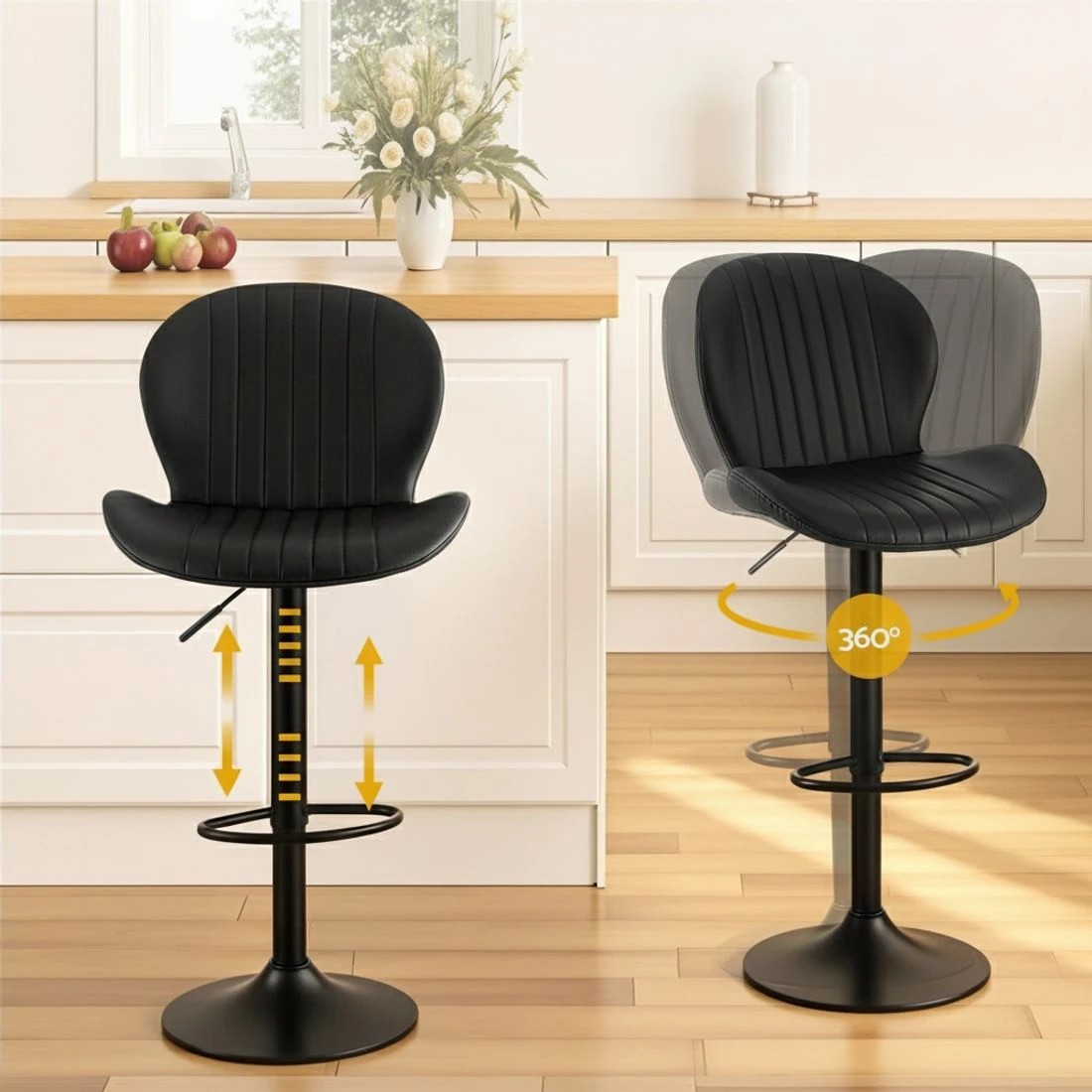4 Artiss 4x Bar Stools Kitchen Swivel Gas Lift Counter Chair Shell Leather - Black, 4 of 7