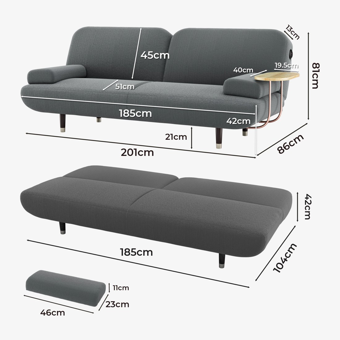 2 Levede 3 Seater Convertible Sofa Bed - Dark Grey, 2 of 5