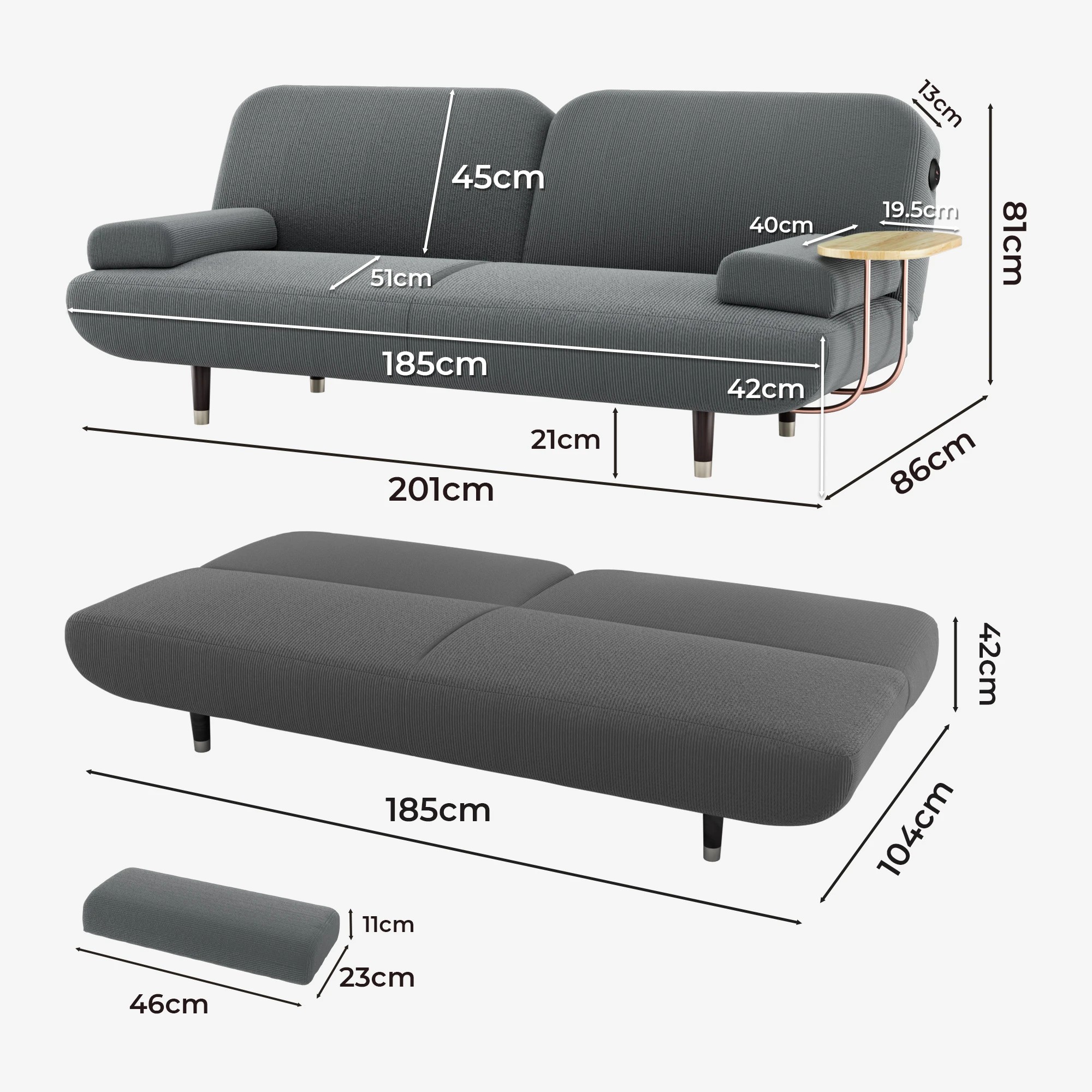 2 Levede 3 Seater Convertible Sofa Bed - Dark Grey, 2 of 5