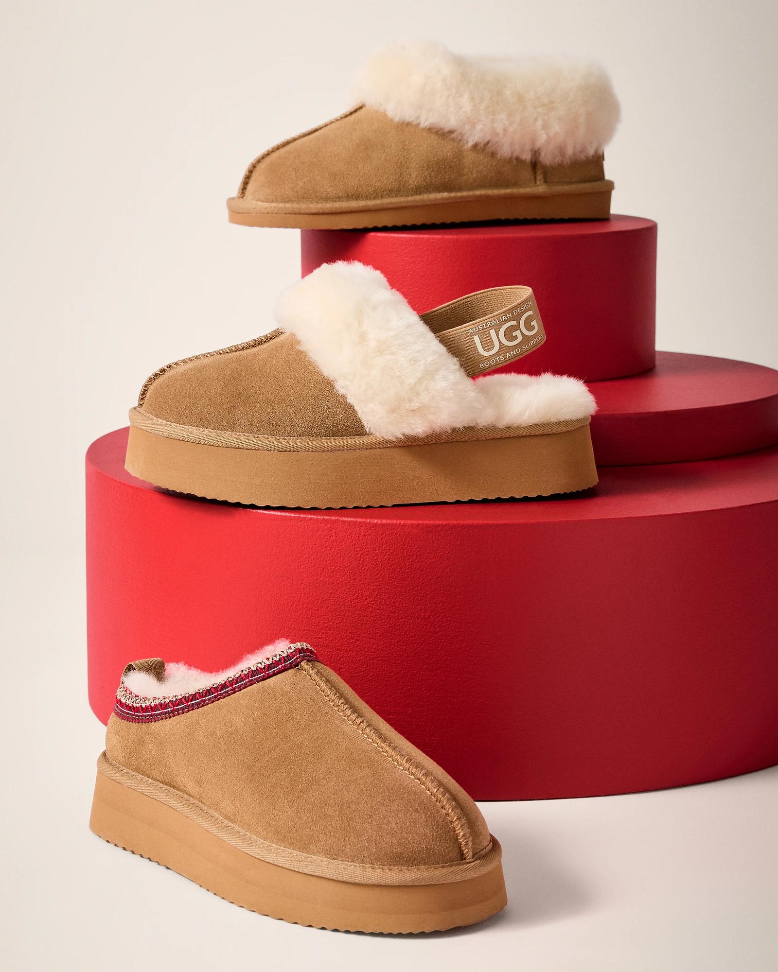 4 Australian Design Ugg Boots And Slippers Womens Sheepskin And Leather Platform Sling Back Slipper CHESTNUT, 4 of 4
