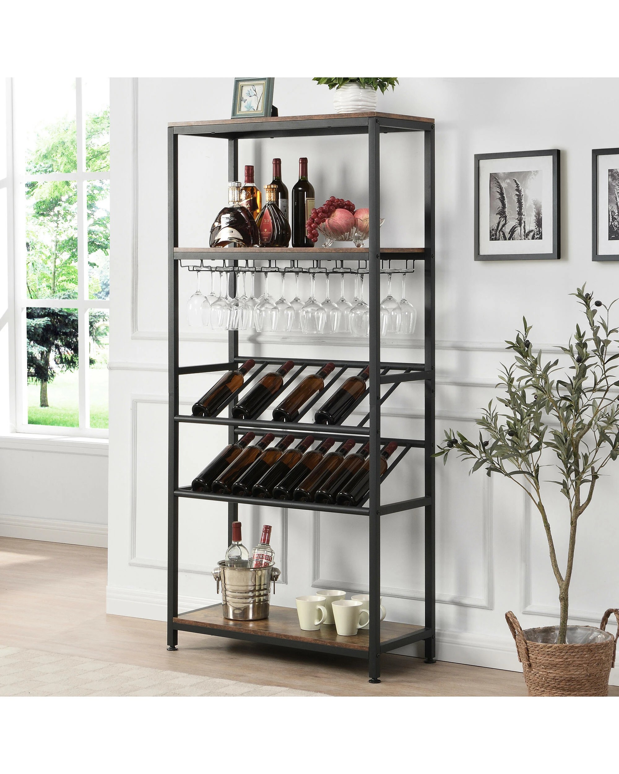 2 IHOMDEC 5 Tier Wine Rack with Faux Antique Wood Finish, Holds 16 Bottles and 24 Glasses, 2 of 5