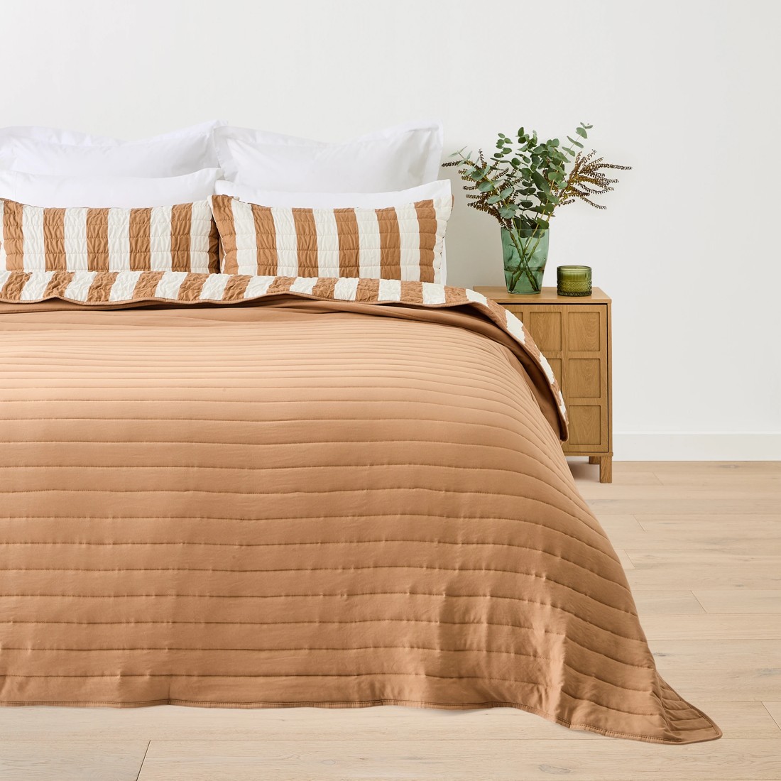 2 Reversible Stripe Coverlet Set - Queen/King Bed, Beige, 2 of 9