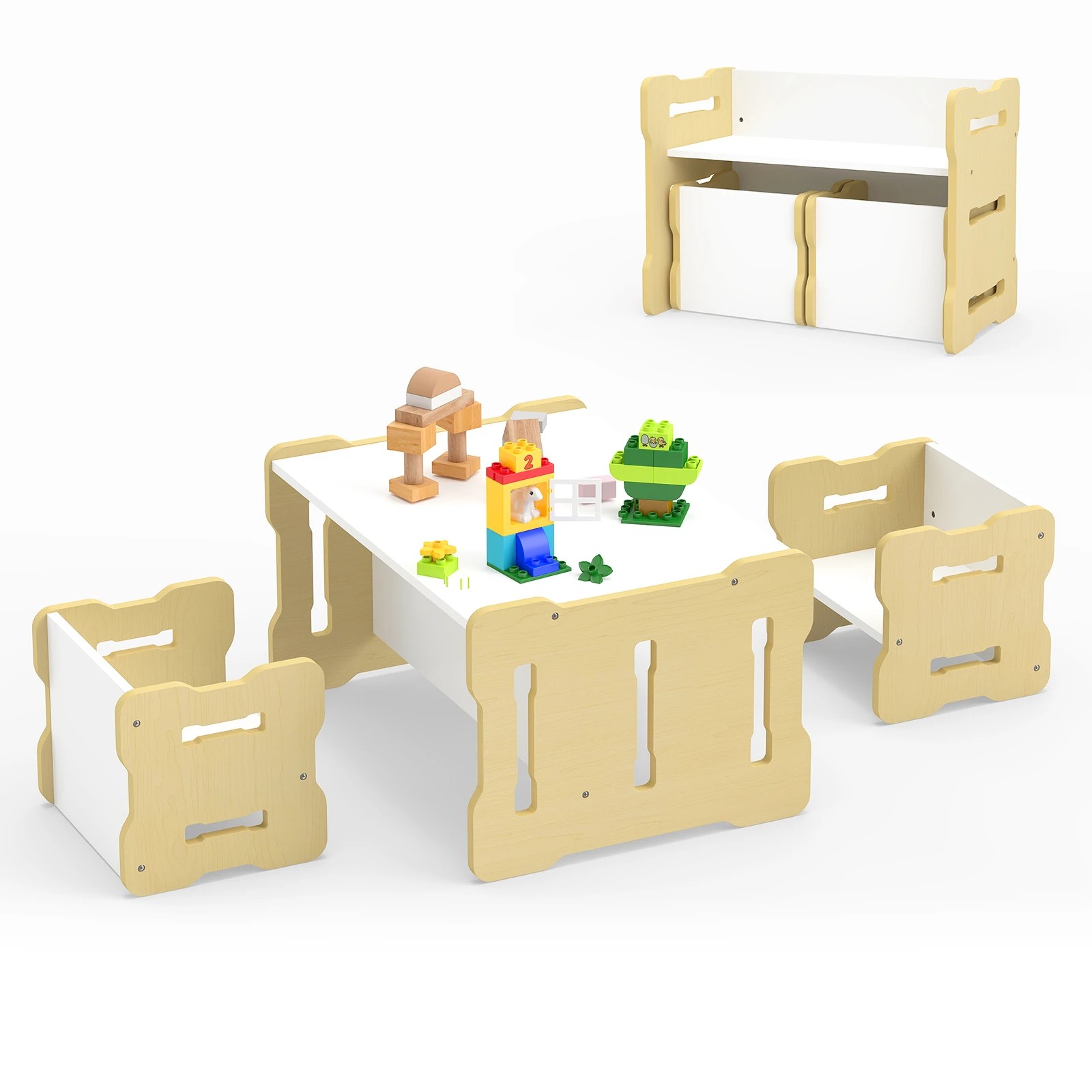 1 Costway 3Pcs Activity Table Chairs Set Convertible Study Play Desk & Stools - Natural, 1 of 4