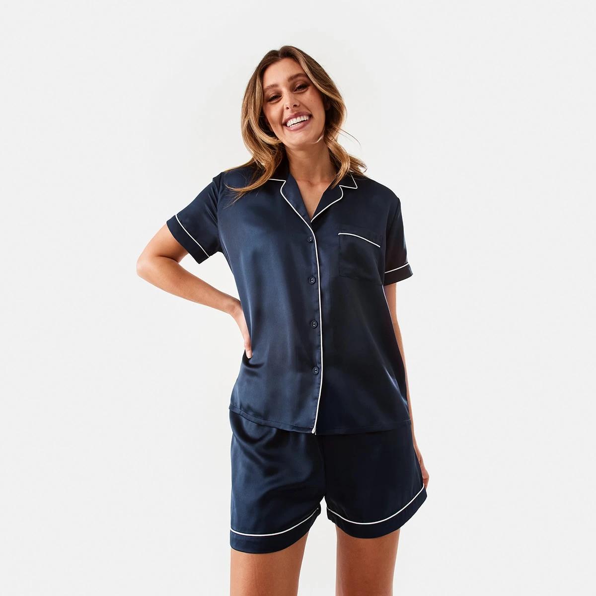 1 Short Sleeve Top and Shorts Satin Pyjama Set DEEP NAVY, 1 of 10