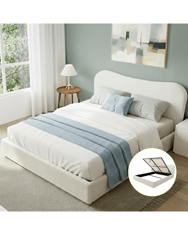 Artiss Queen Bed Frame with Gaslift Storage Wooden Platform Mattress Base Boucle Upholstered - W