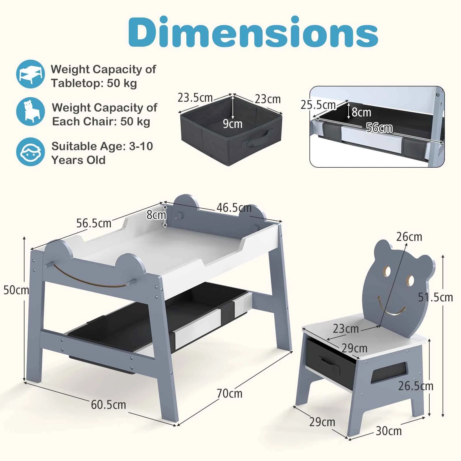 2 Costway Table Chairs Set Wooden Activity Furniture Detachable Double-sided Chalkboard Whiteboard - Grey, 2 of 3
