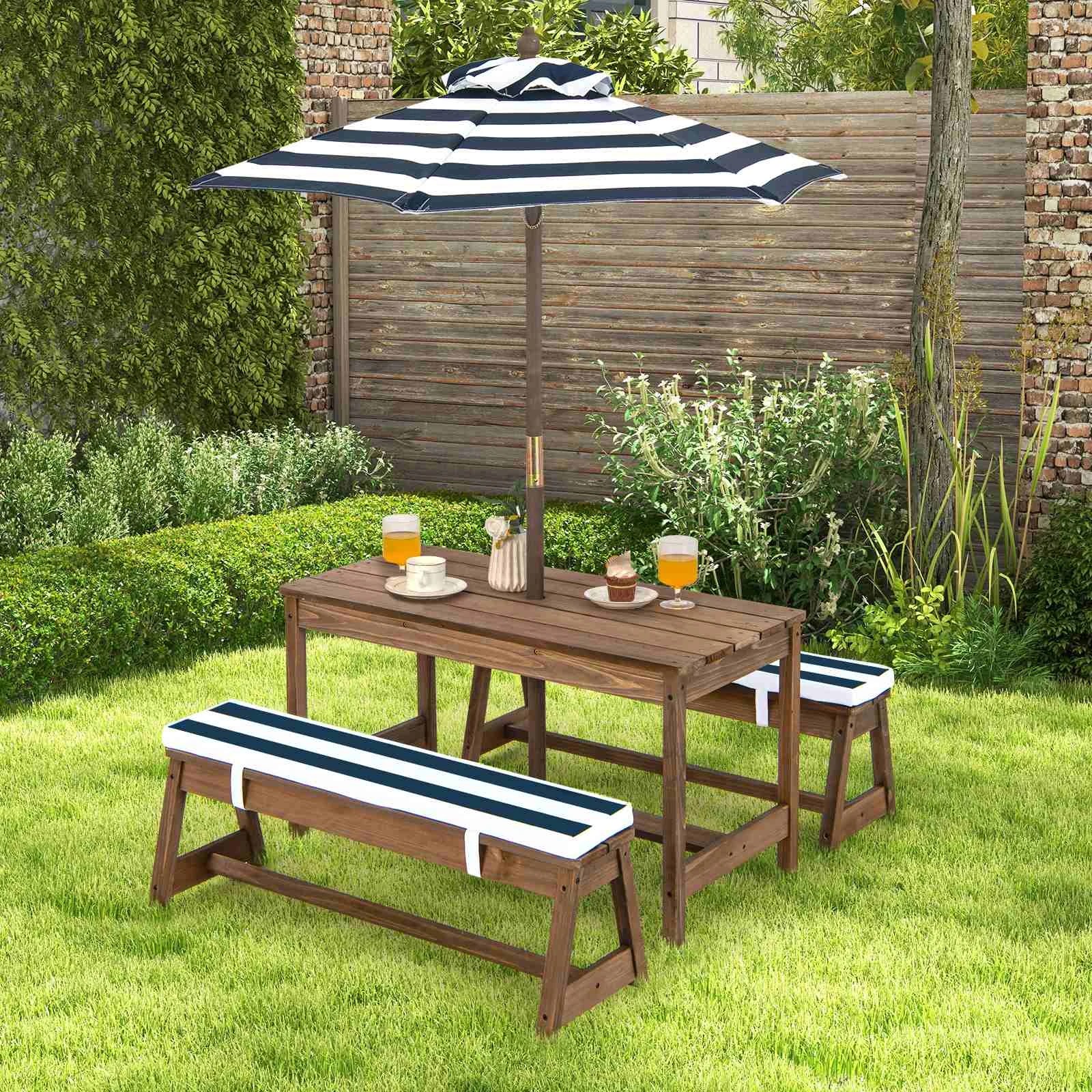 2 Costway Wood Picnic Table Bench Set Camping Table Set w/Cushions - Blue, 2 of 2