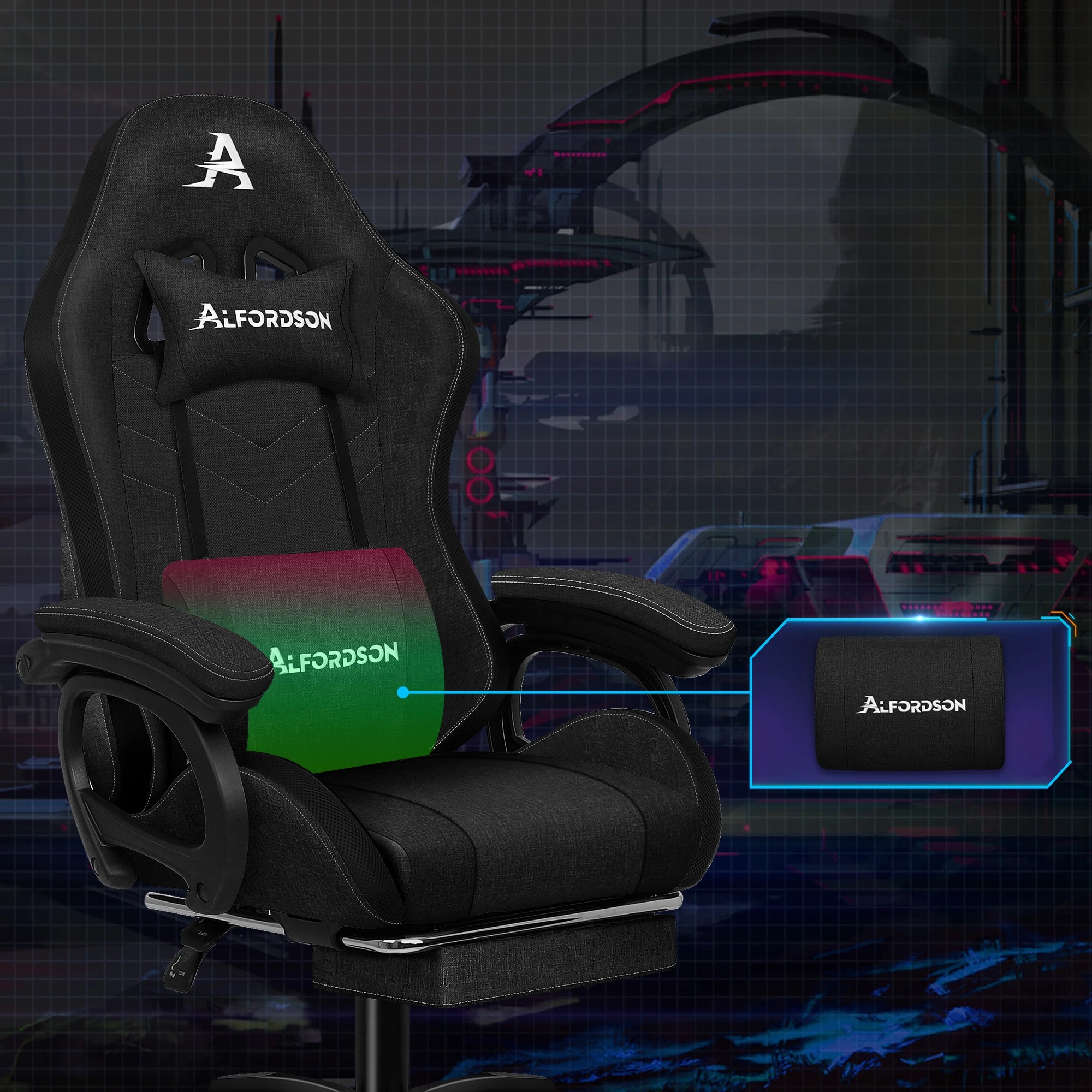 6 Alfordson Gaming Office Chair Massage Computer Seat Footrest Fabric - Black, 6 of 9