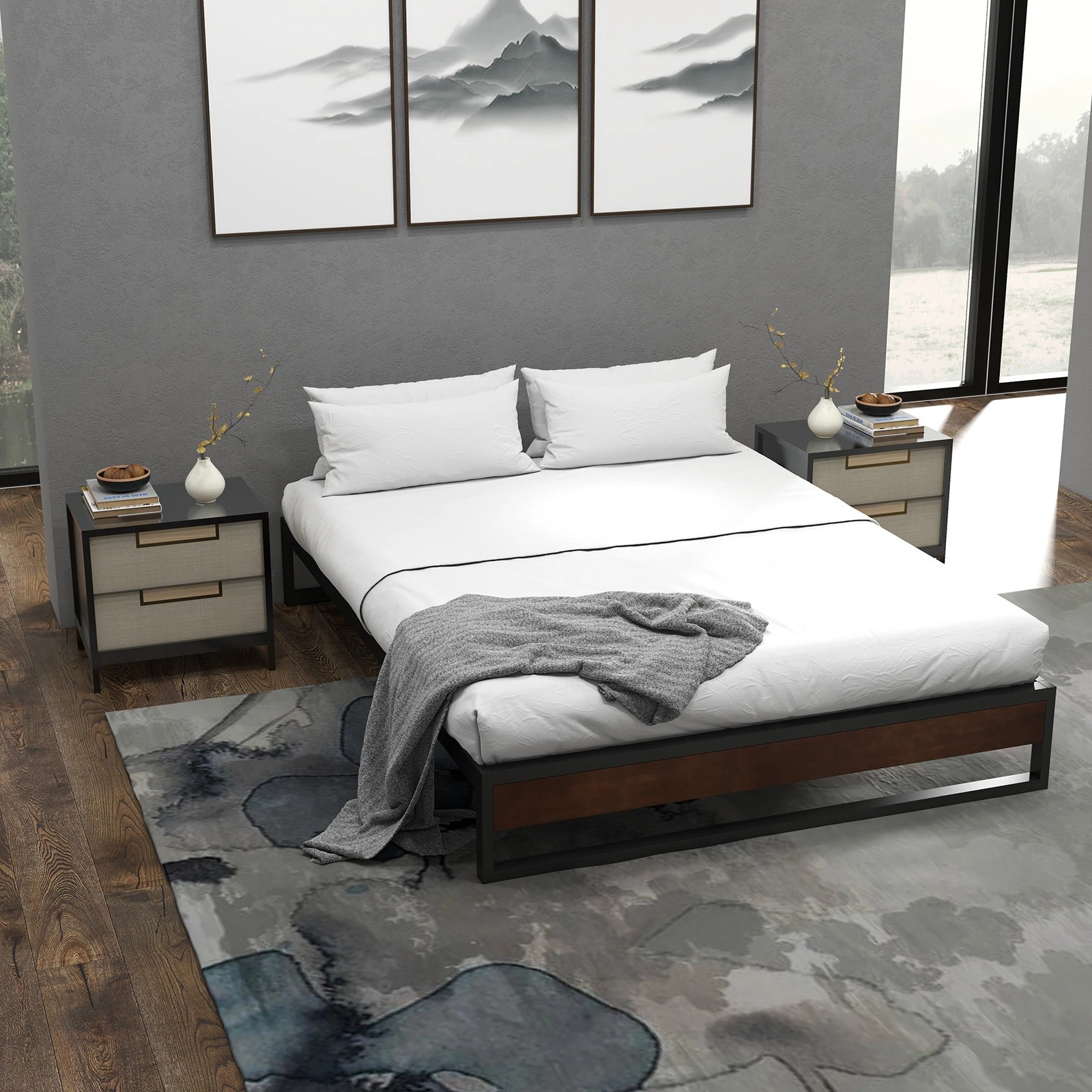 6 Milano Décor Sorrento Metal Wood Bed Frame Mattress Base Platform Modern - Black, 6 of 10