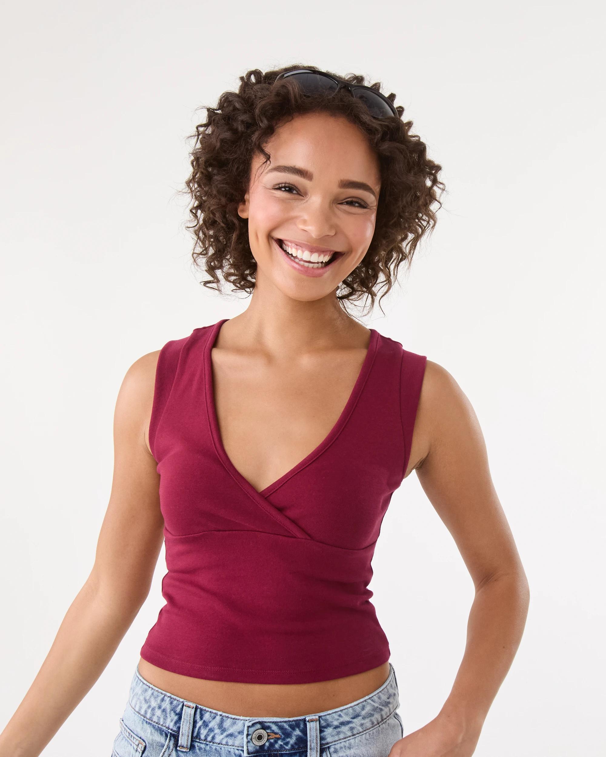 1 Sleeveless Cross Over Tank Rhubarb, 1 of 8