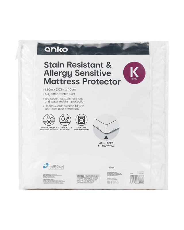 Stain Resistant and Allergy Sensitive Mattress Protector - King Bed, W