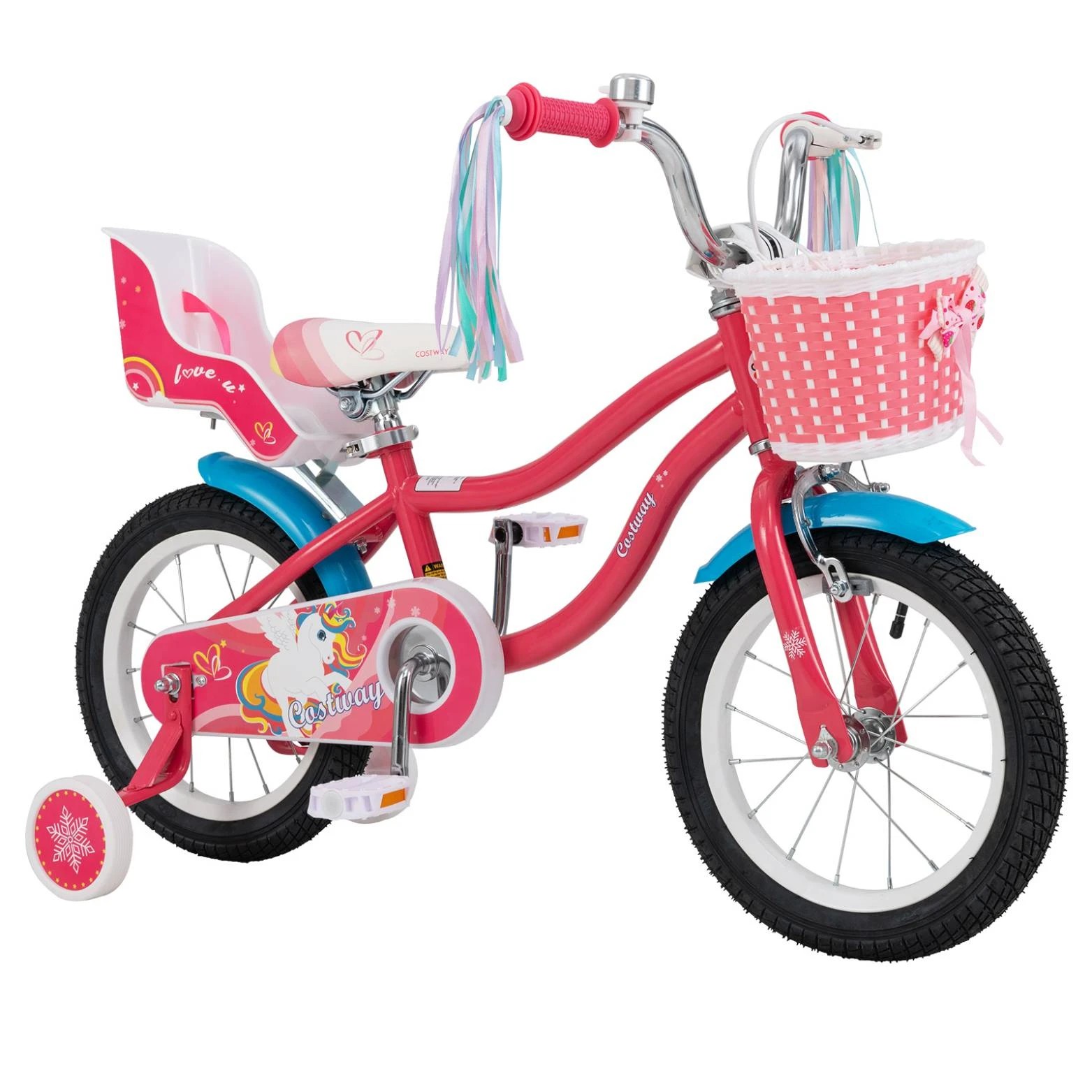 1 Costway Kids Bike Bicycle Ride-On w/Training Wheels & Basket & Adjustable PU Seat - Pink, 1 of 1
