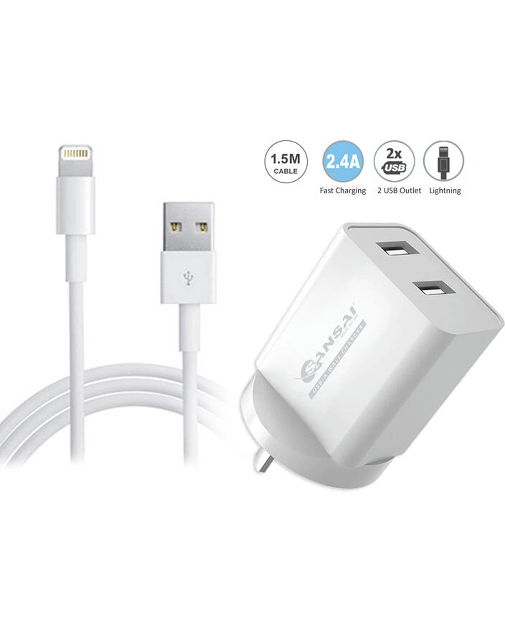 2 Sansai 2xUSB Port Wall Charger with Charging Cable Compatible with iPhone 8/7/XR - White, 2 of 3