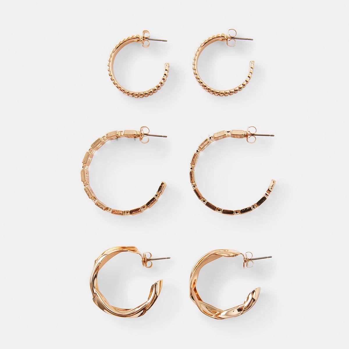 3 3 Pack Molten Ribbed and Chain Hoop Earrings - Gold Tone Gold, 3 of 5