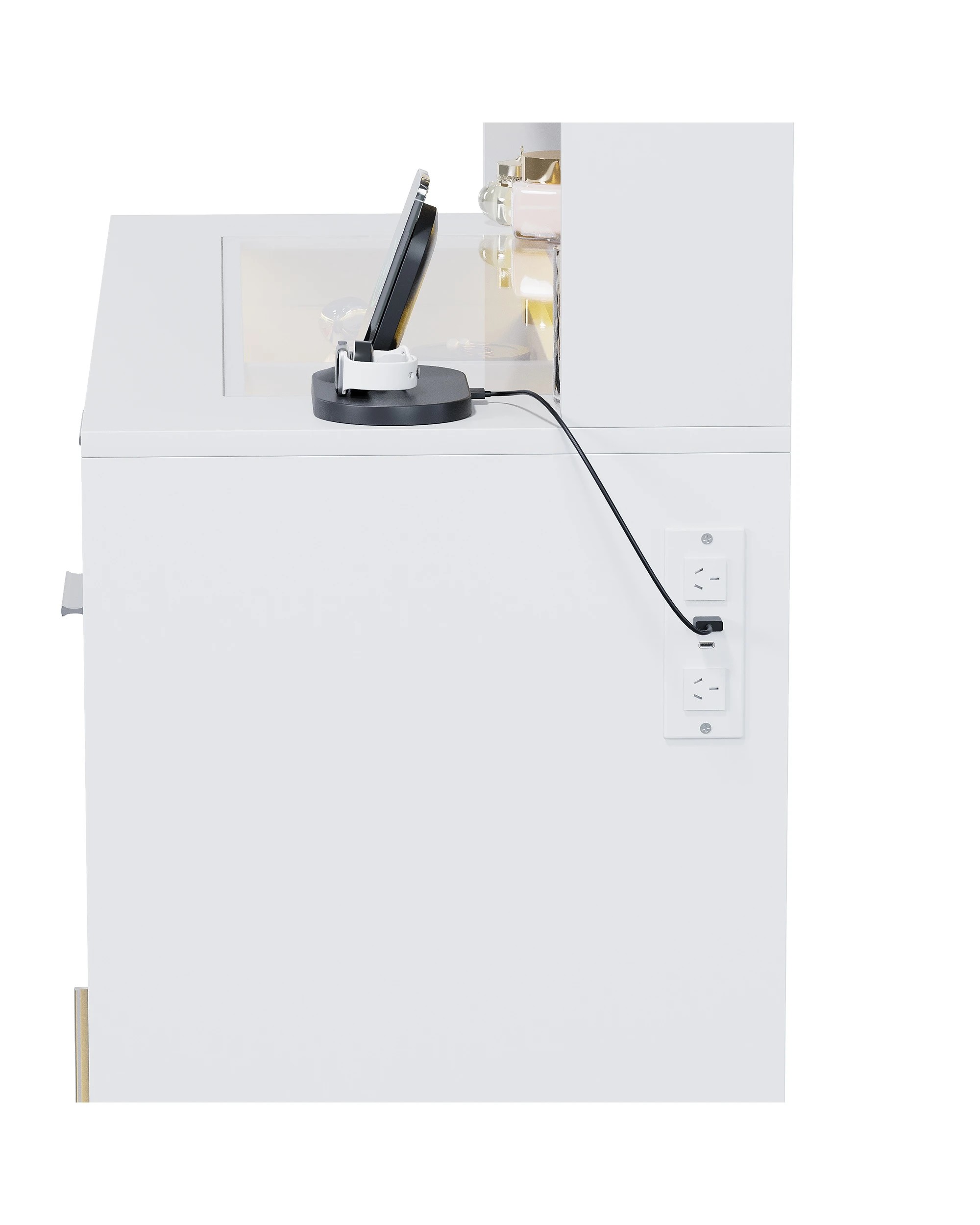 5 Advwin Dressing Table Vanity Desk with Glass Tabletop & Cabinet LED Light Charging Station - White, 5 of 9