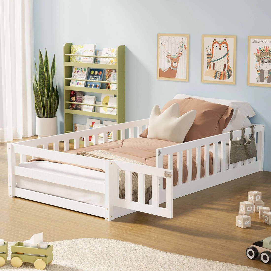 3 Oikiture Single Kids Bed Frame with Gate Fence Wood - White, 3 of 10