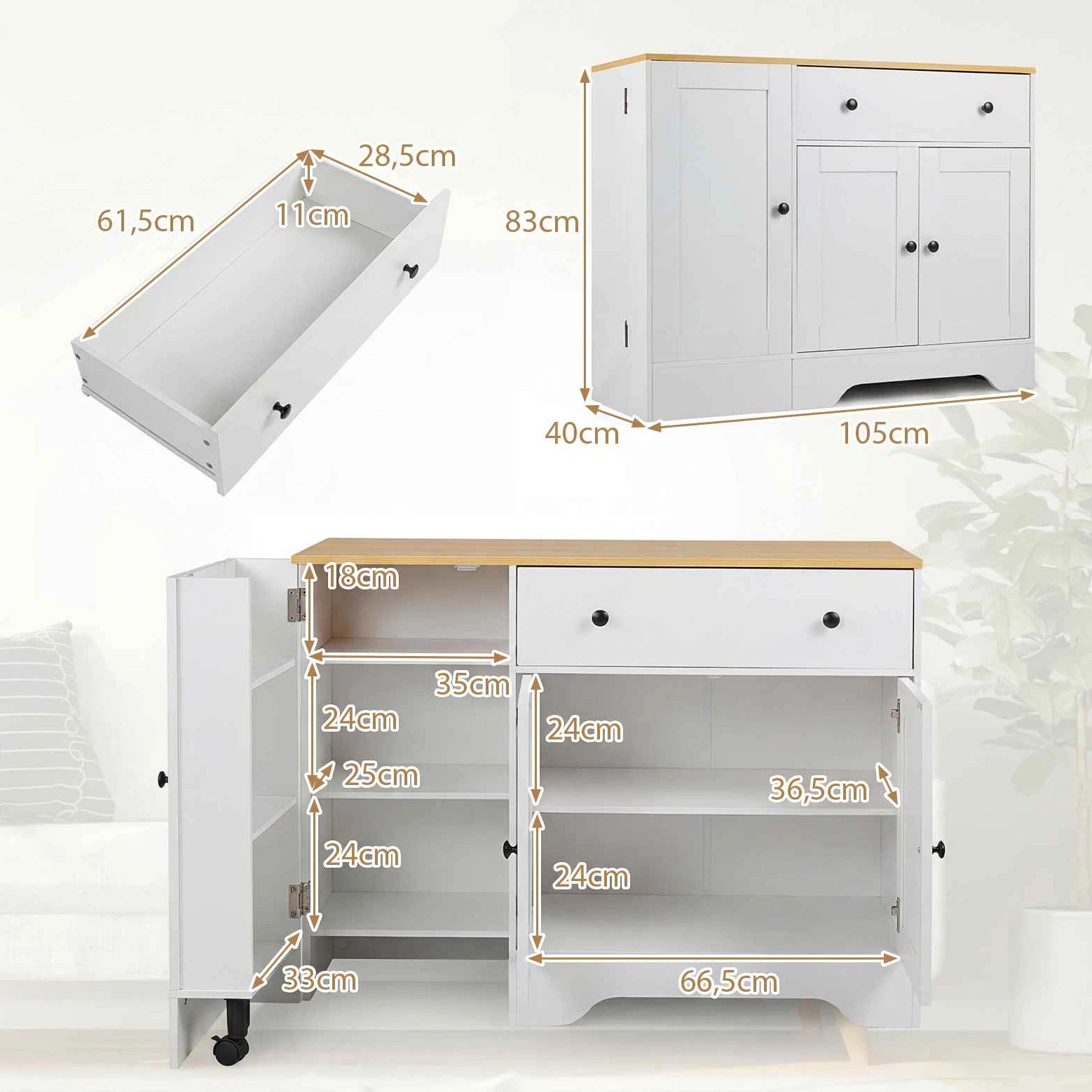 2 Costway Buffet Wooden Storage Cabinet 105cm Modern Sideboard 3 Doors - White, 2 of 3
