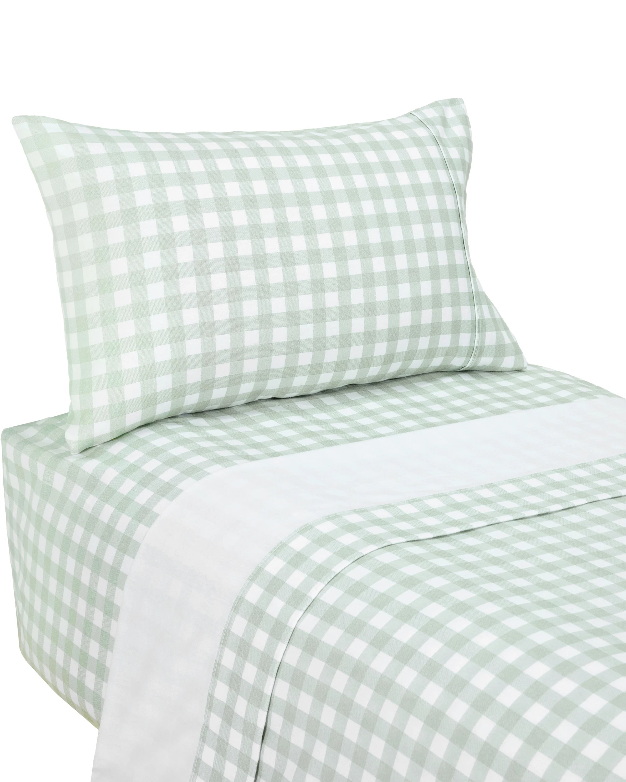 5 Gingham Cotton Flannelette Sheet Set - Single Bed, Sage, 5 of 7