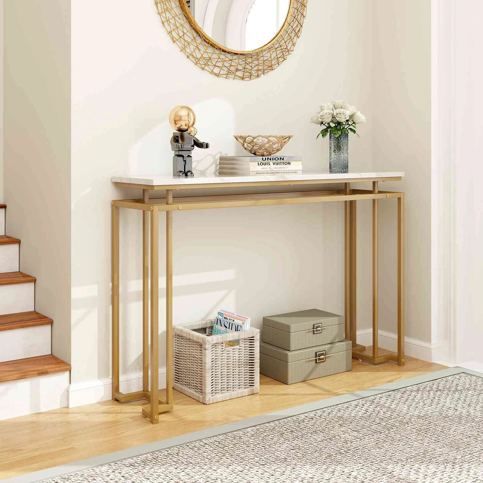 3 Costway Metal Frame Console Table Narrow Hallway Table Entryway Display Table Golde, 3 of 4
