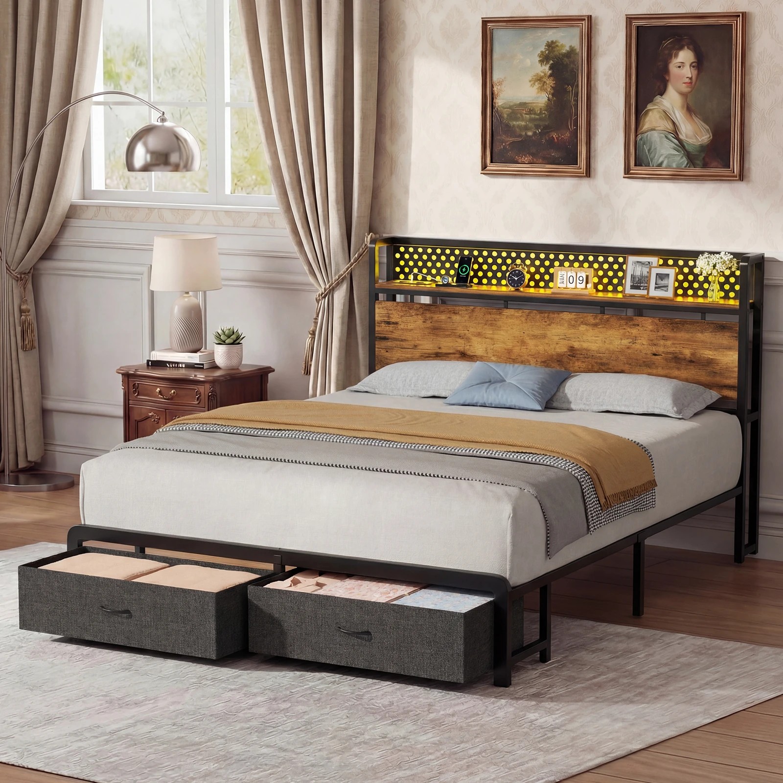 8 Advwin Double Size LED Bed Frame with Charging and 2 Drawers - Brown, 8 of 9