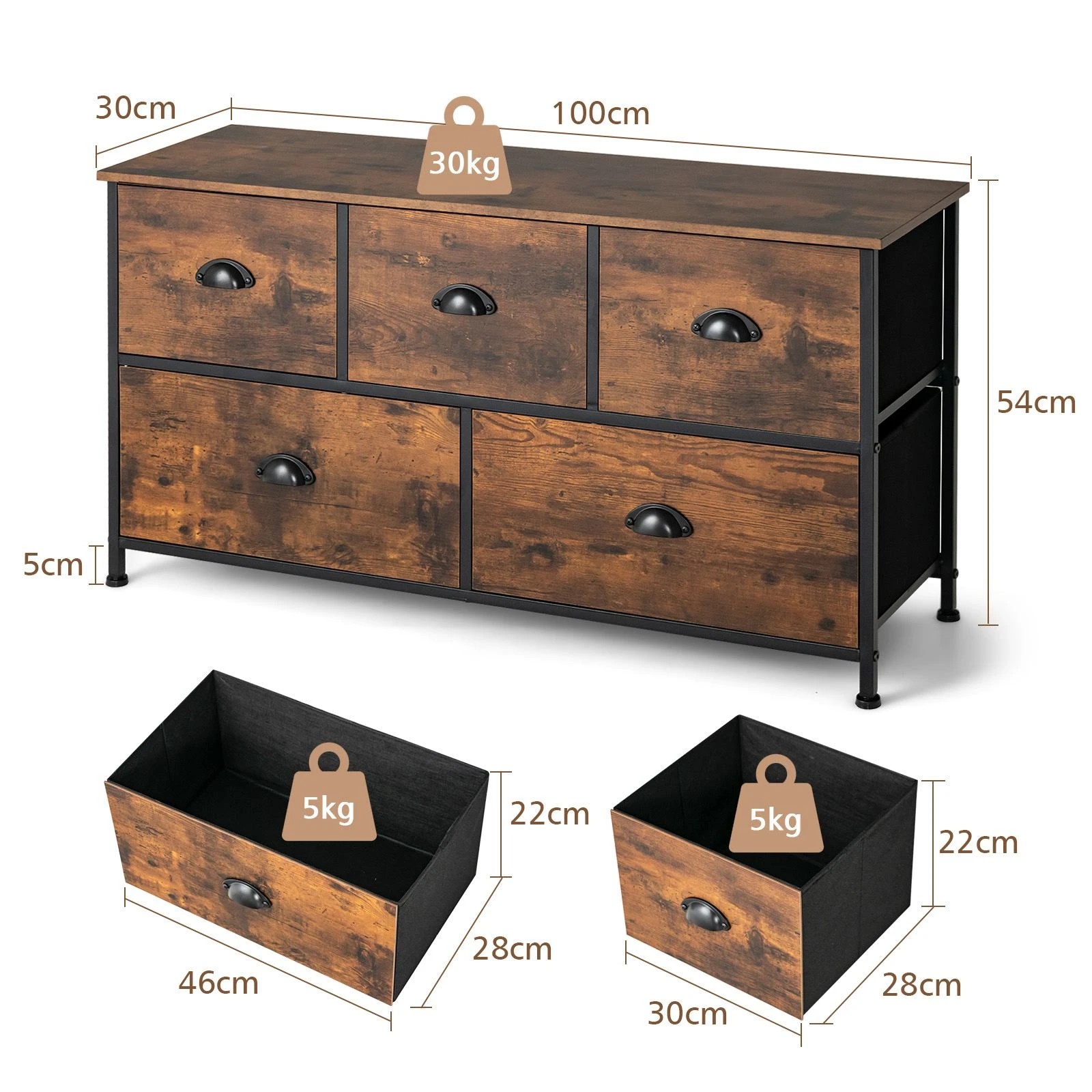 2 Costway 5 Fabric Drawers Tallboys Chest of Drawers Dresser Storage Cabinet - Brown, 2 of 3