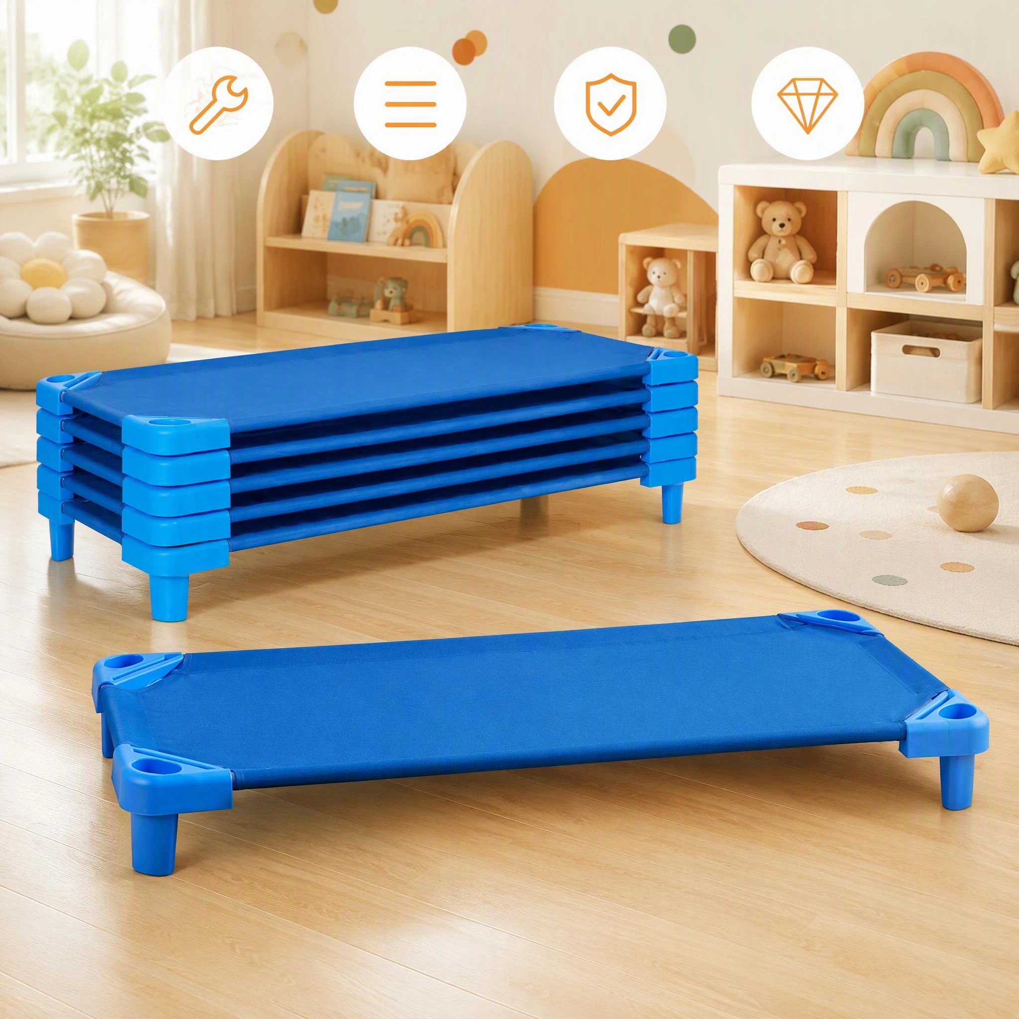 6 Costway 6PCS Stackable Naptime Cot 130x57cm Sleeping Daycare Rest Mat - Blue, 6 of 7