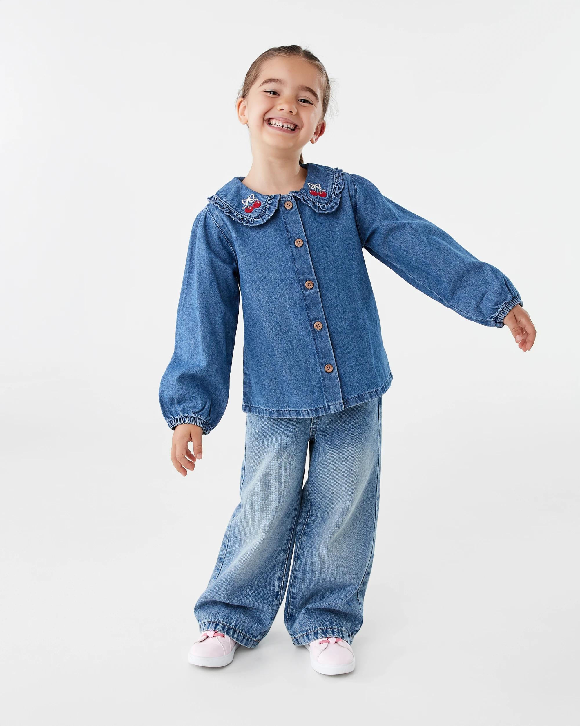 8 Long Sleeve Denim Frill Shirt Red Cherry, 8 of 9