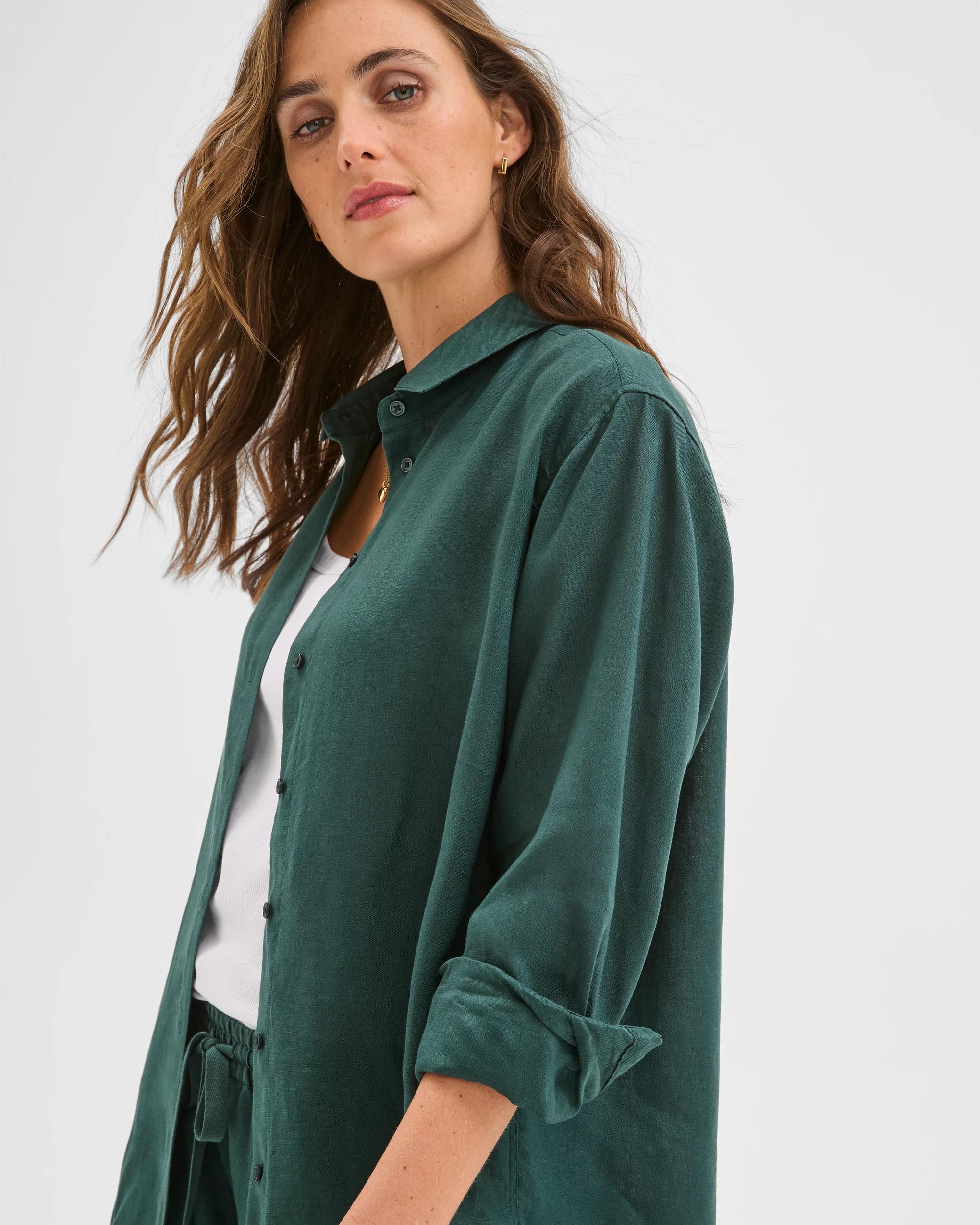 3 Target European Linen Long Sleeve Shirt DEEP GREEN, 3 of 6