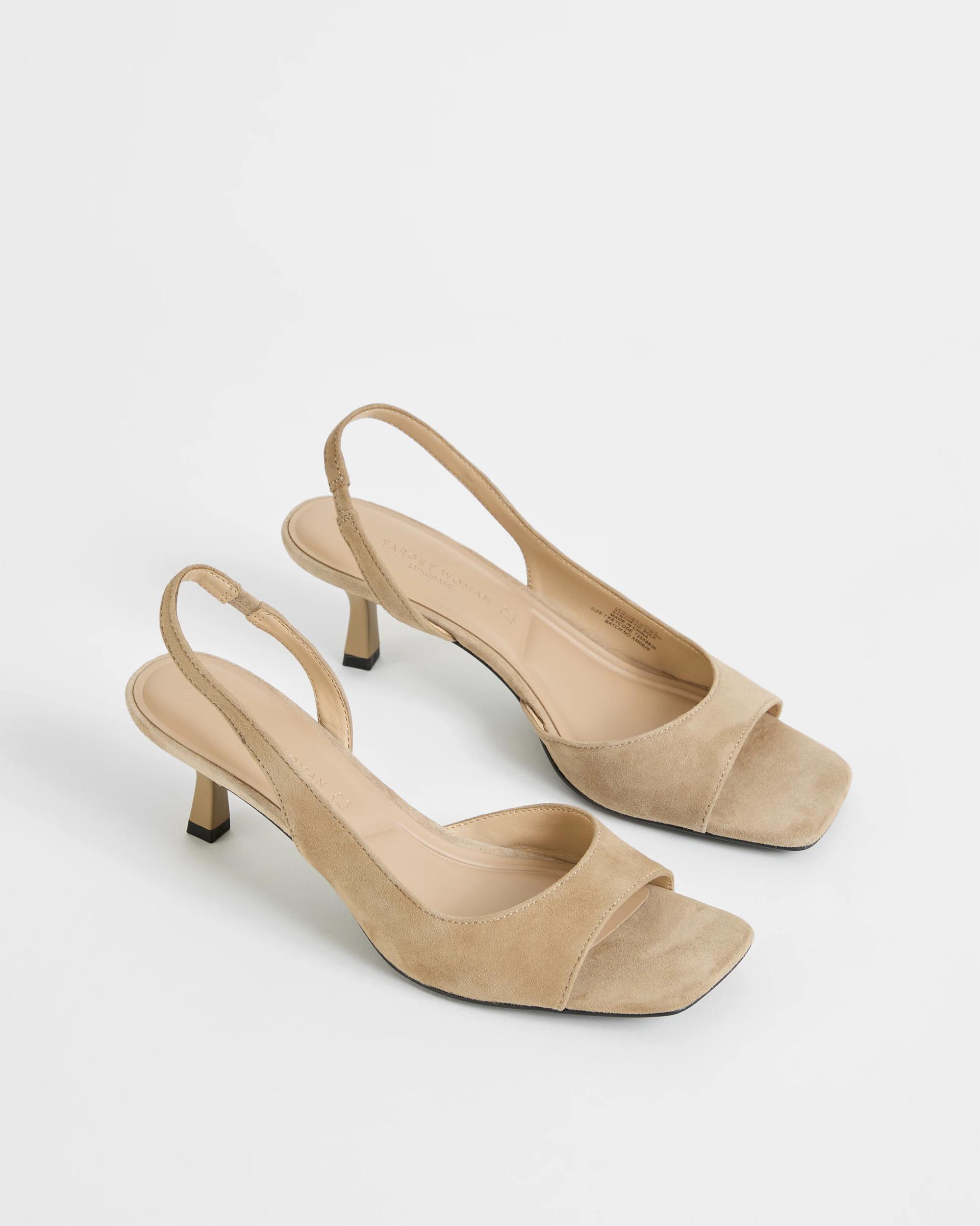 2 Target Woman Genuine Suede Leather Open Toe Kitten Heels LIGHT TAUPE SUEDE, 2 of 3