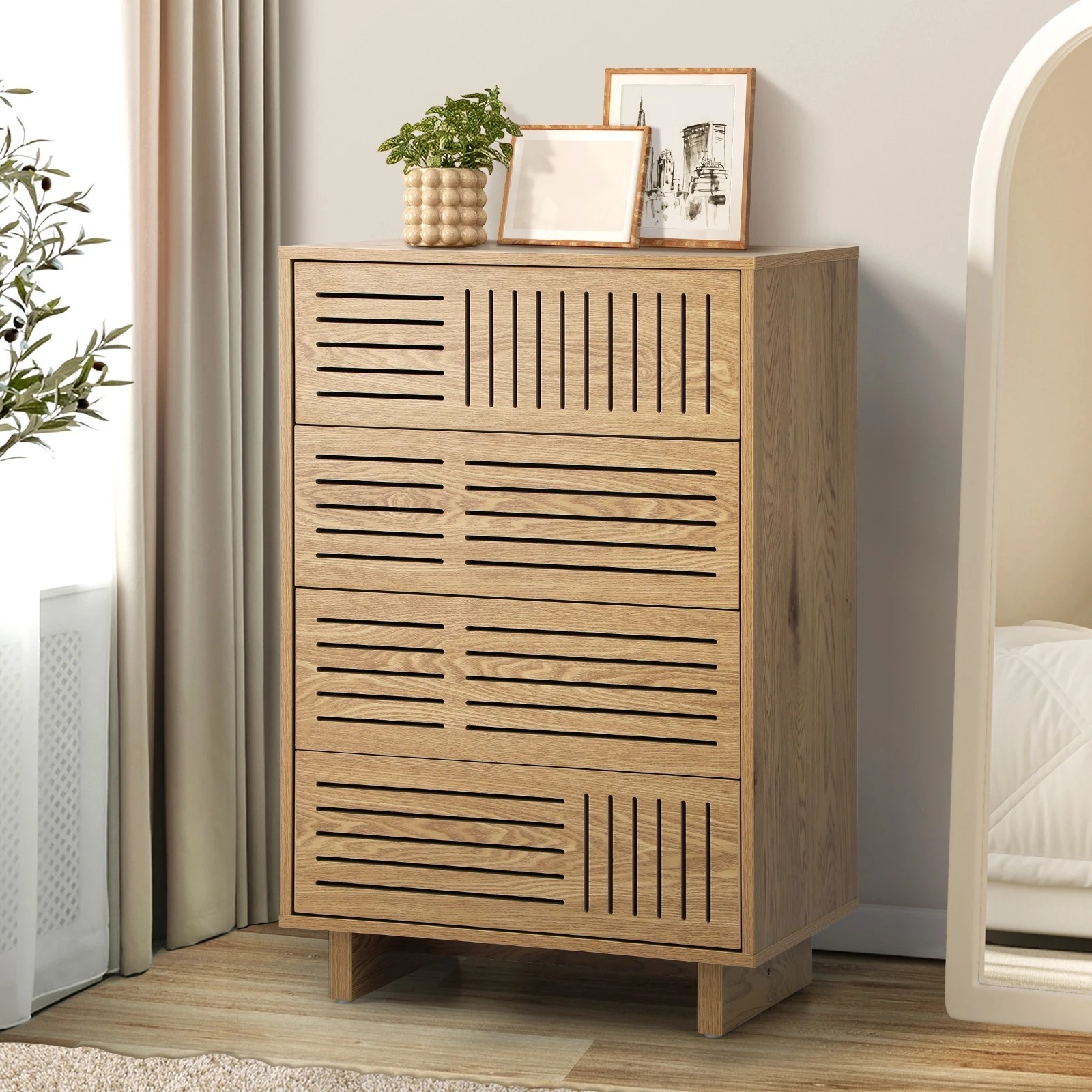 9 Oikiture 4 Chest of Drawers Storage Cabinet Dresser Table Tallboy - Natural, 9 of 9