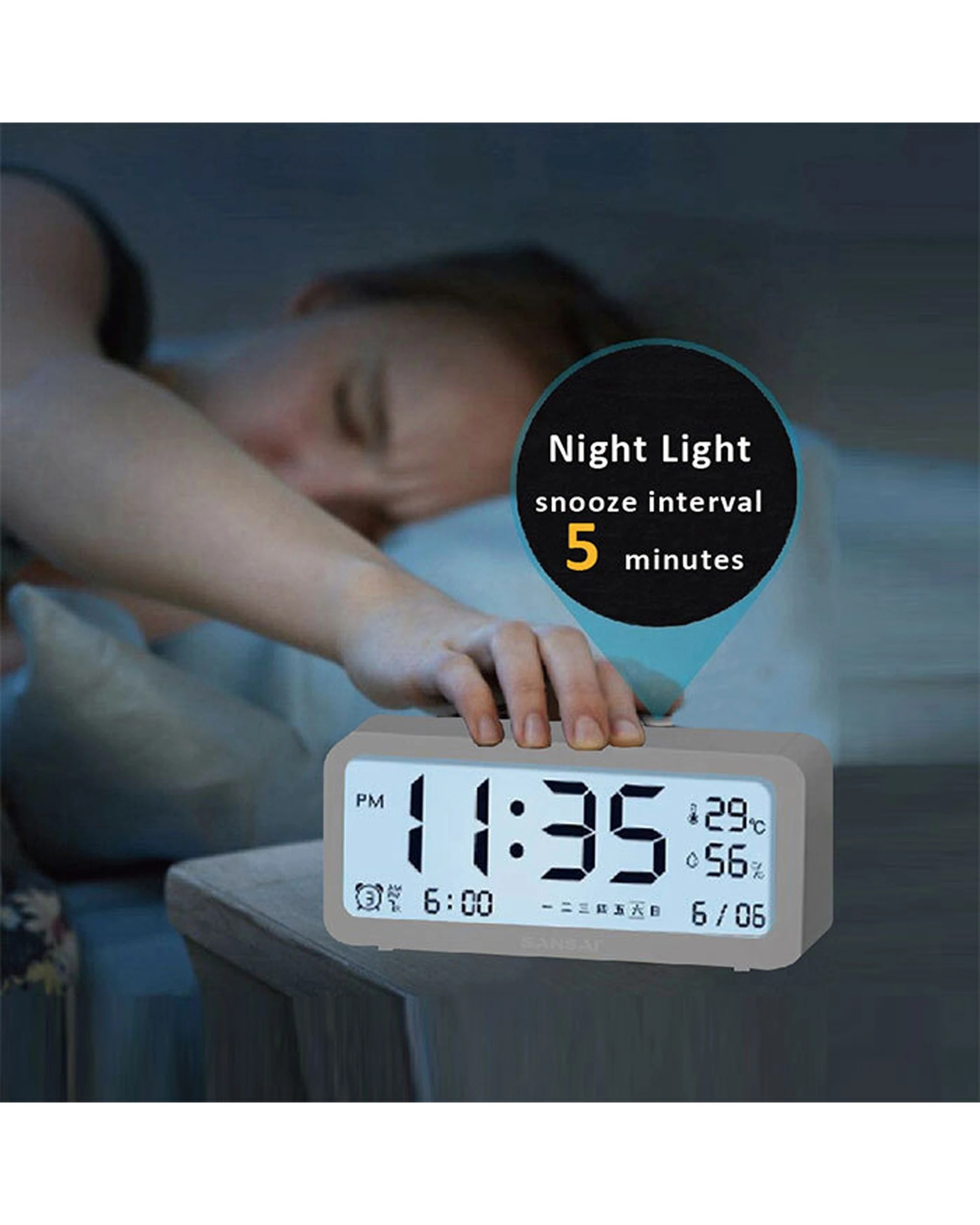 4 Sansai LED LCD Digital 12/24h Alarm Snooze Clock Date Temperature 7 Inch - White, 4 of 5