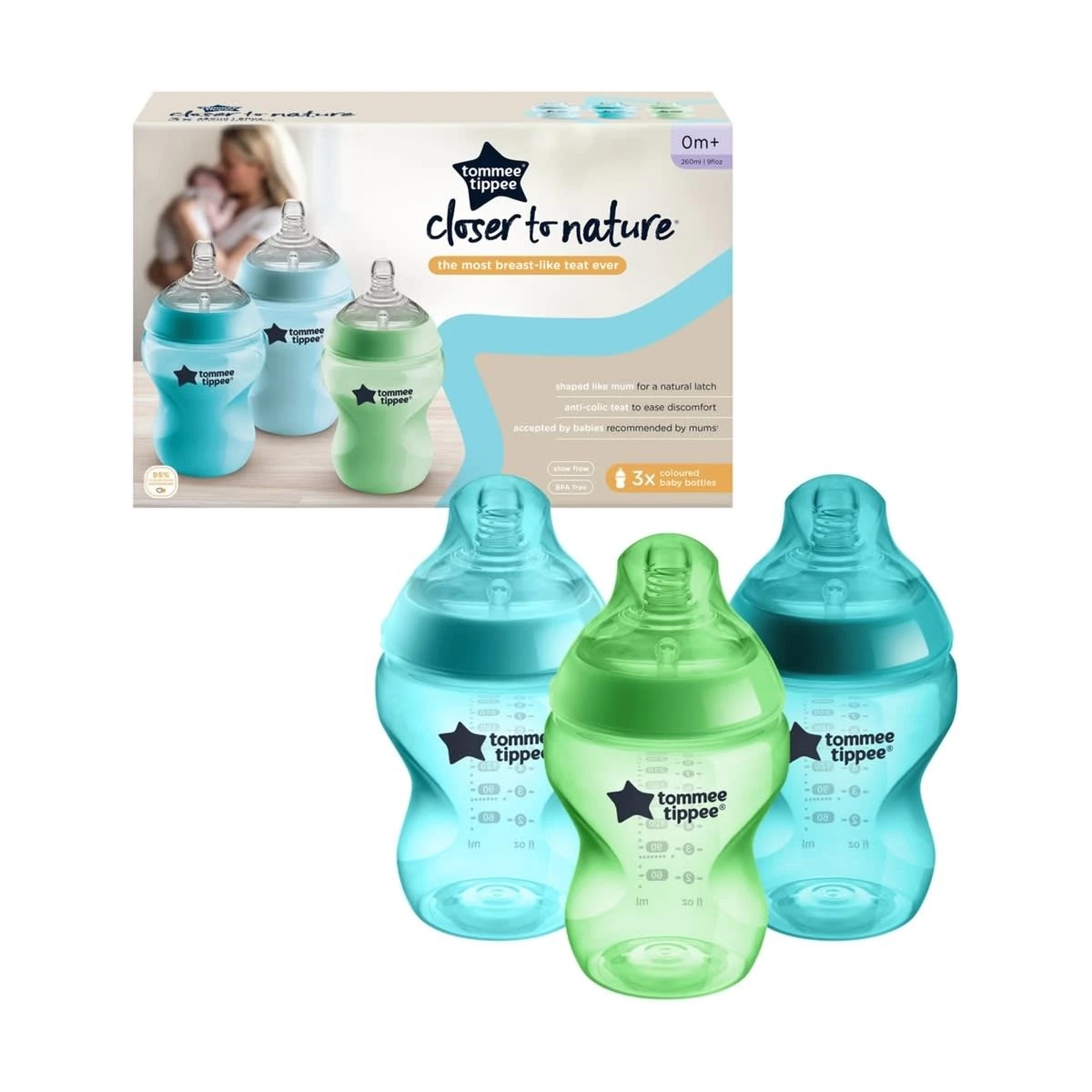 3 3 Pack Tommee Tippee Closer To Nature Coloured Baby Bottles, 3 of 7