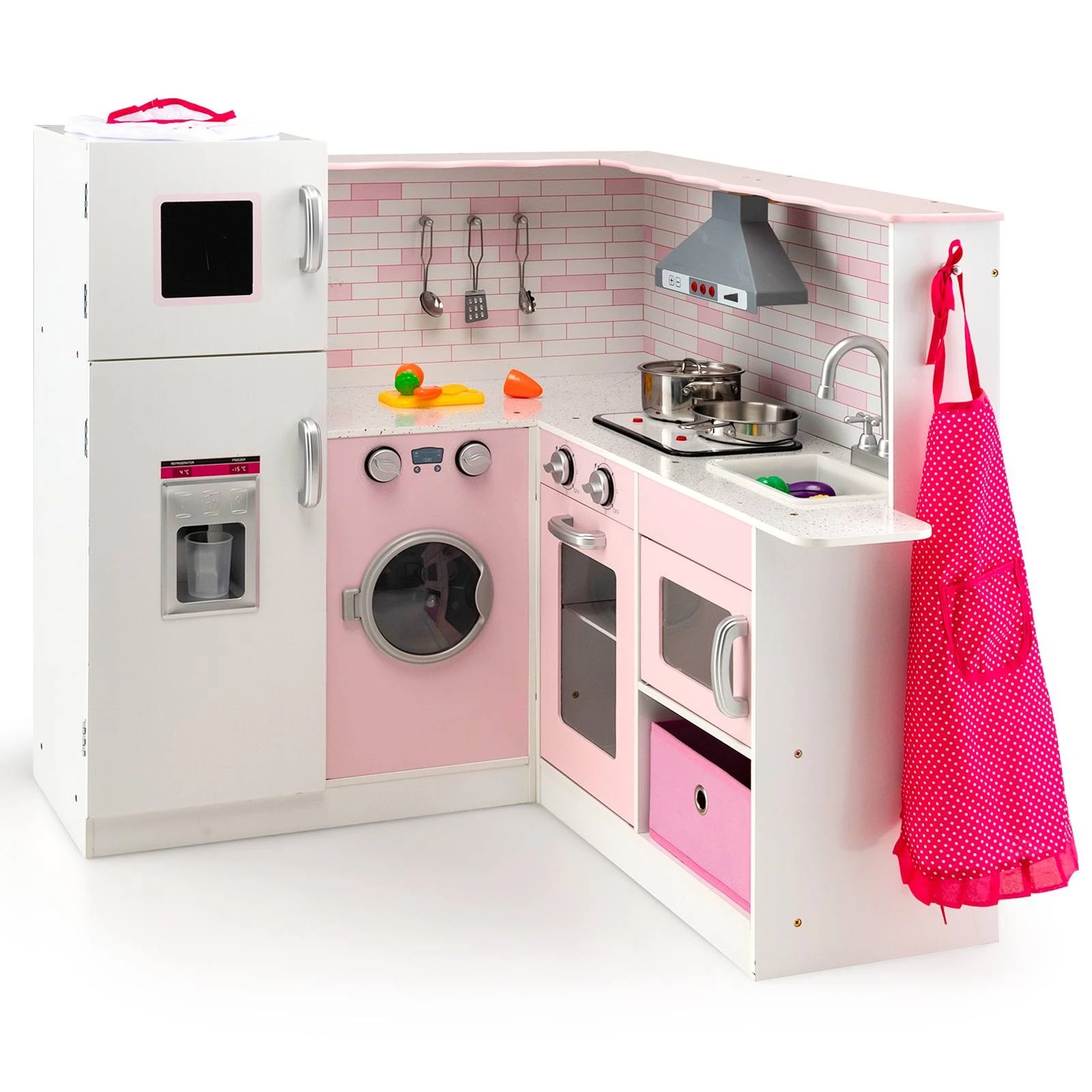 1 Costway Kitchen Playset Wooden Cooking Pretend Toy w/Apron Pink - Pink, 1 of 1