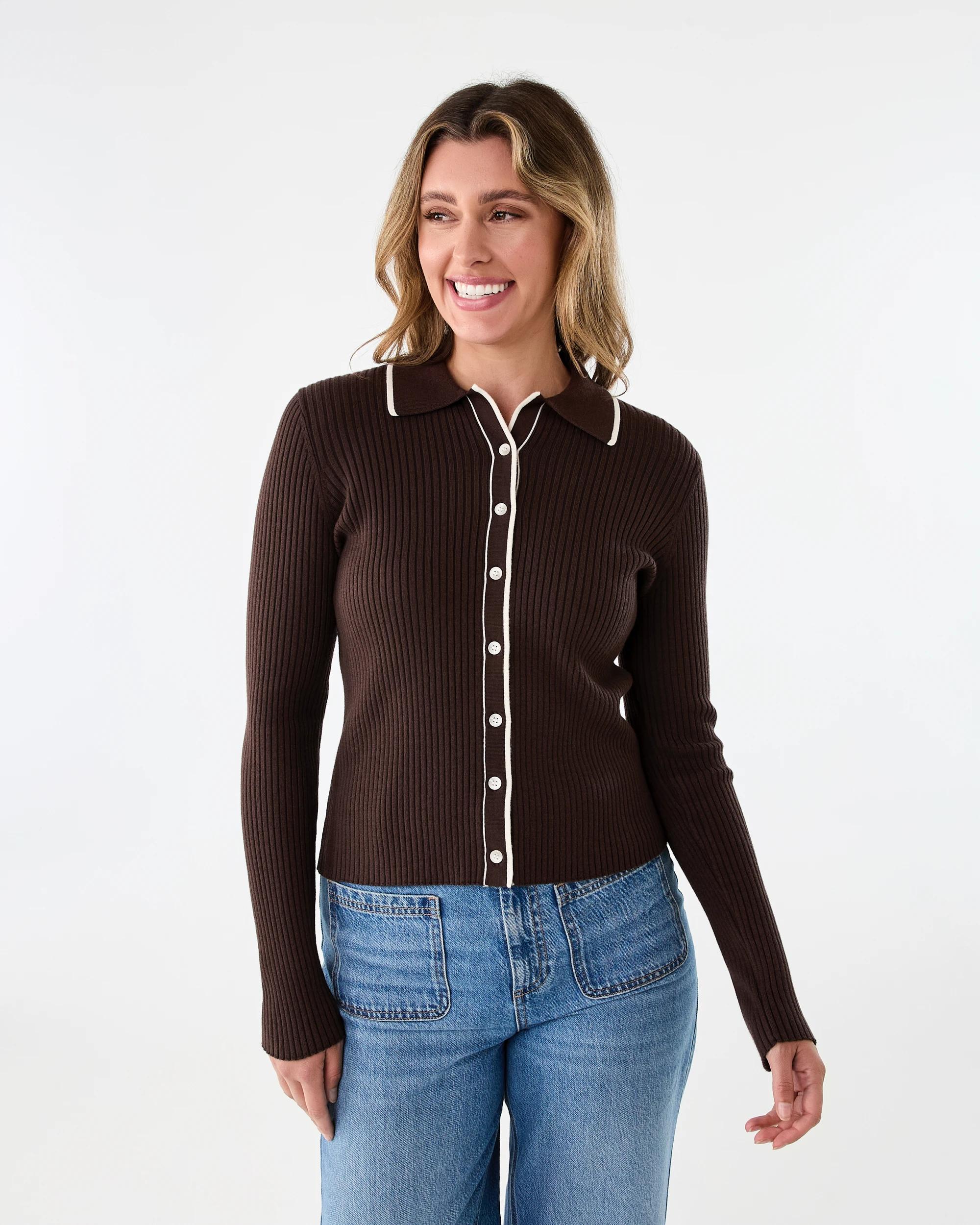 1 Long Sleeve Tipped Polo Top Melt Brown, 1 of 7