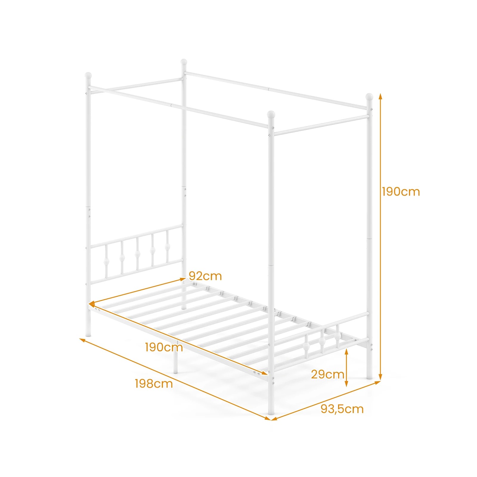 4 Costway Single Size Canopy Bed Frame 4-Poster Metal Platform Bed Mattress Foundation Under-bed Storage - White, 4 of 5