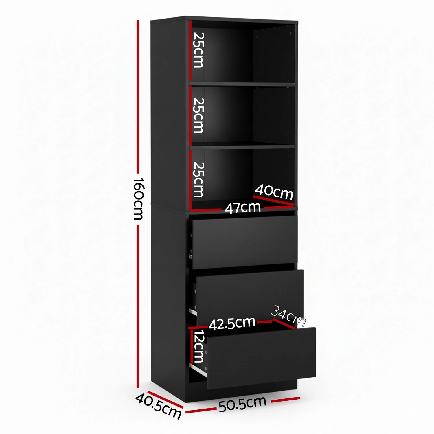 2 Artiss 3 Chest of Drawers Tallboy Cabinet - Black, 2 of 2