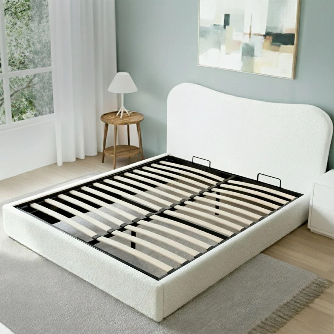 6 Artiss Double Bed Frame with Gaslift Storage Wooden Platform Mattress Base Boucle Upholste - White, 6 of 7
