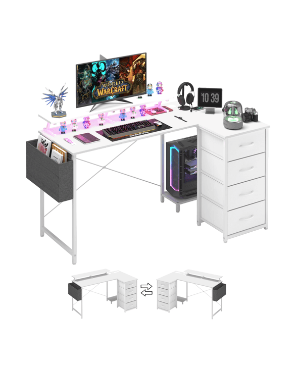 Advwin L Shaped Gaming Desk 140cm With Led Lights & Power Outlets Convertible Computer Desk - White