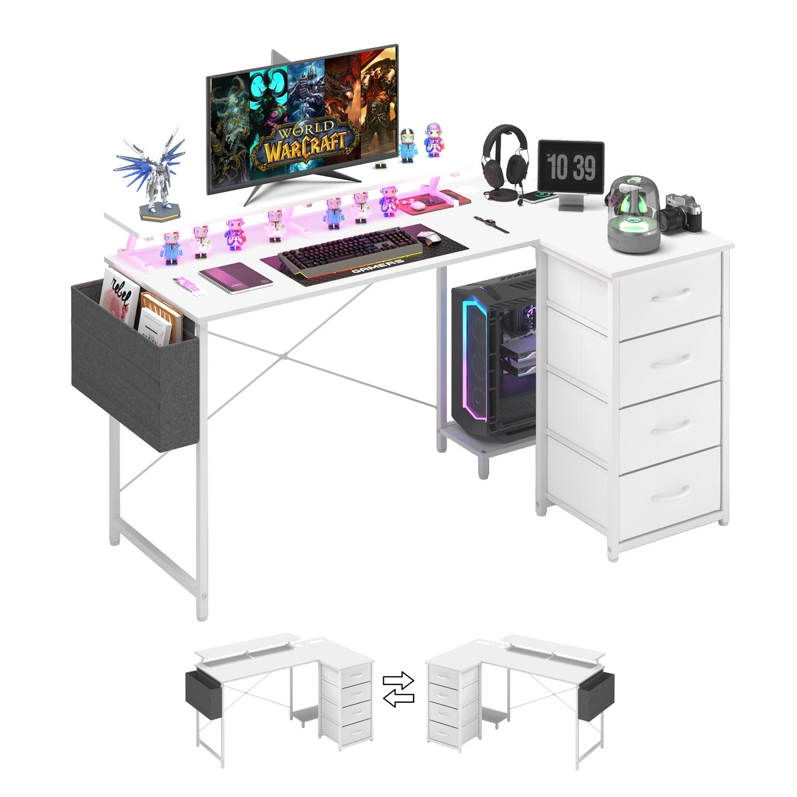 1 Advwin L Shaped Gaming Desk 140cm With Led Lights & Power Outlets Convertible Computer Desk - White, 1 of 10