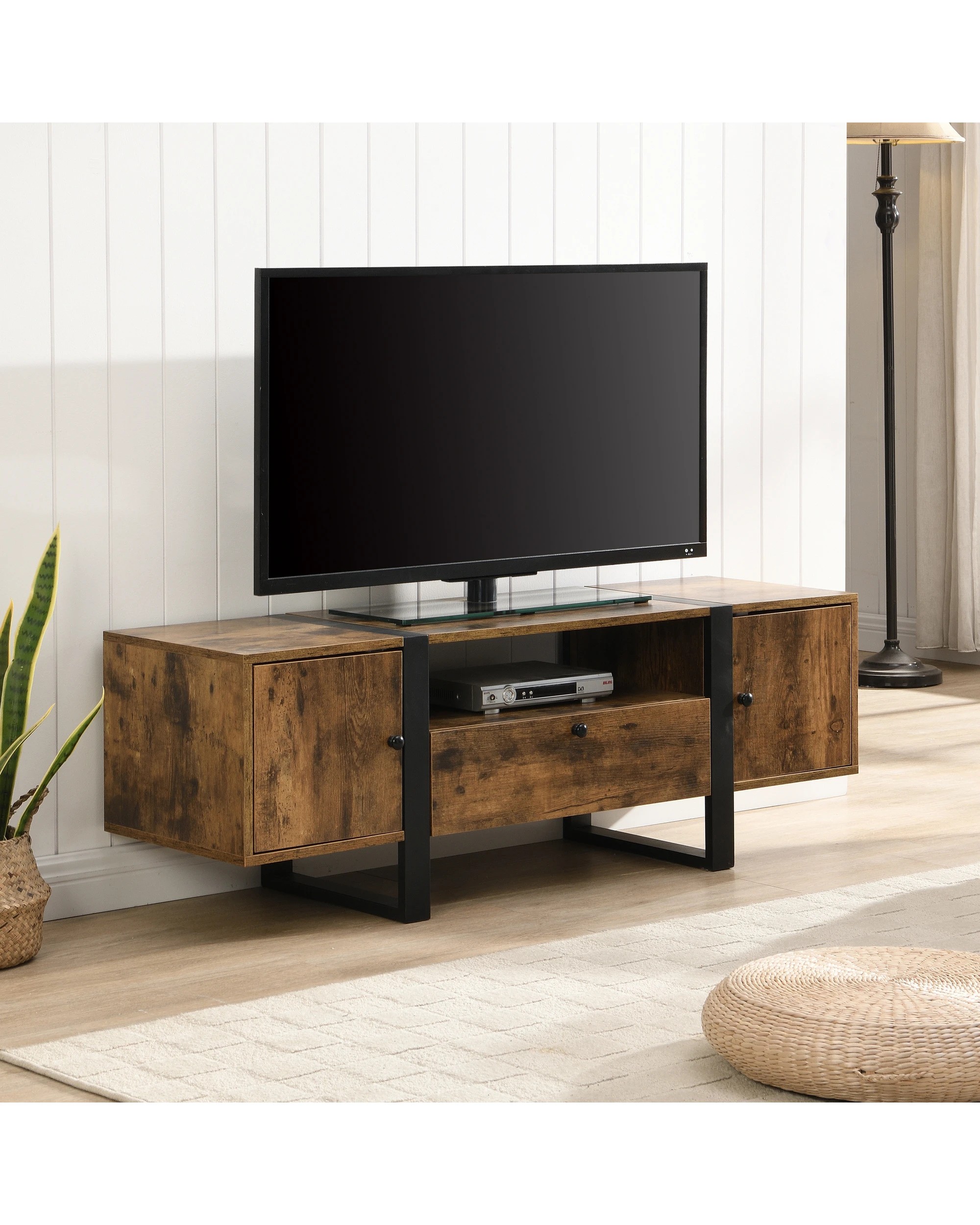 2 IHOMDEC TV Cabinet MDF Steel Rustic Dark Brown 3 Cabinets and Open Shelf, 2 of 5