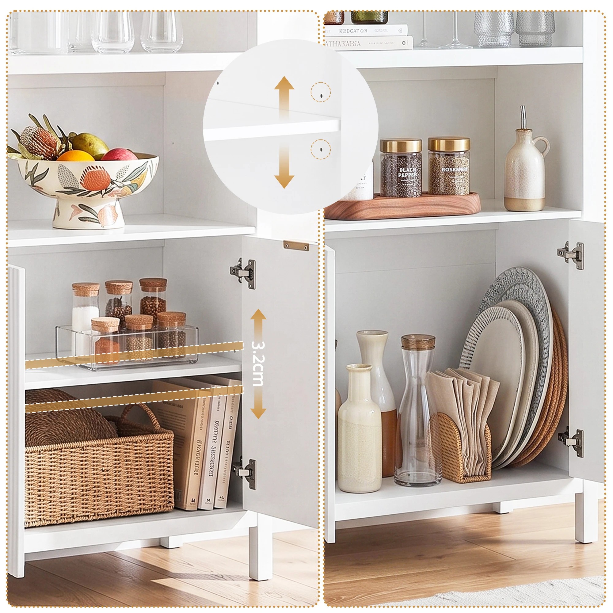 7 Artiss Buffet Sideboard Cabinet Pantry 180CM Arched Storage Bookshelf - White, 7 of 10
