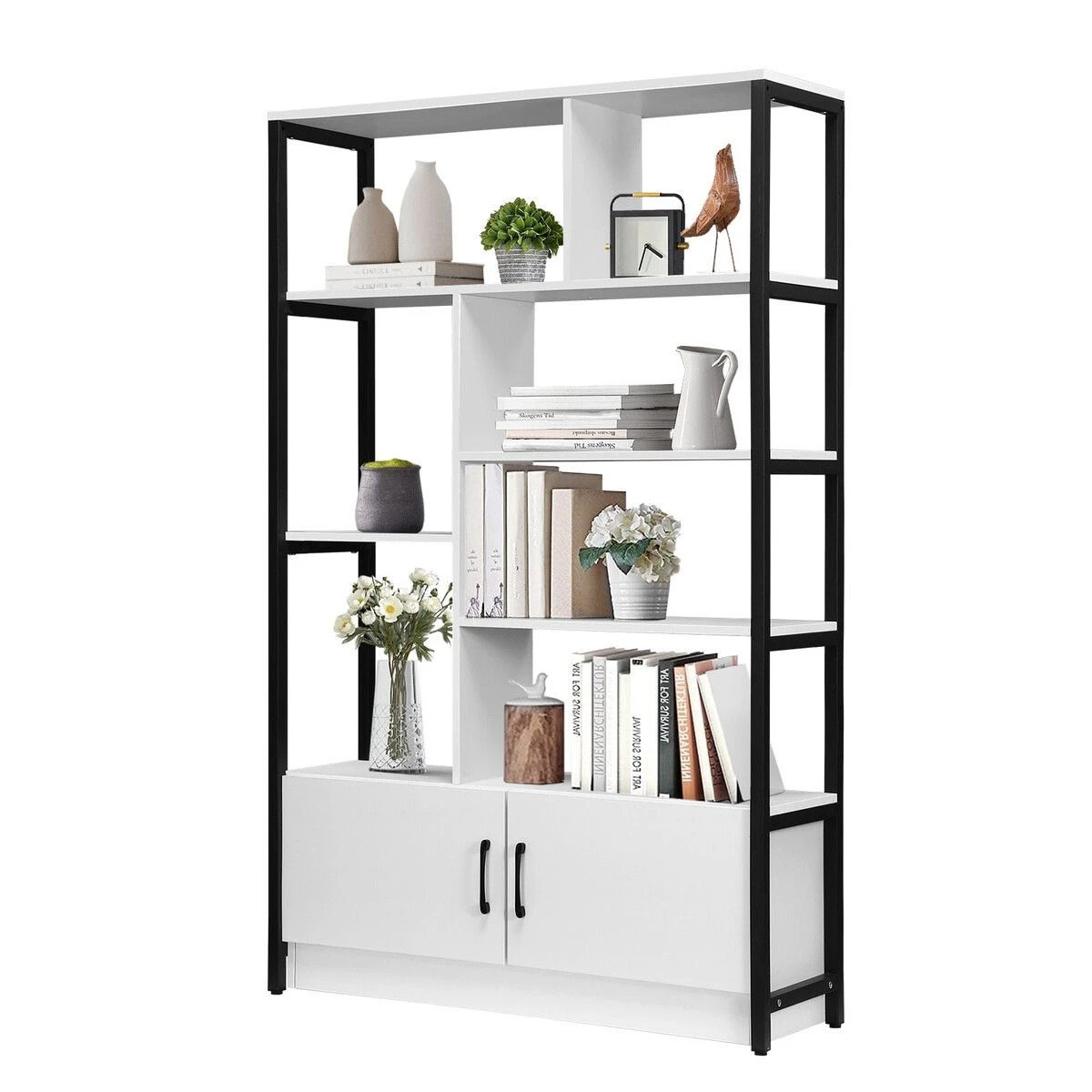 9 LUXSUITE 5 Tier Display Shelf Bookshelf Storage Cabinet Rack with 2 Lockable Doors, 9 of 9