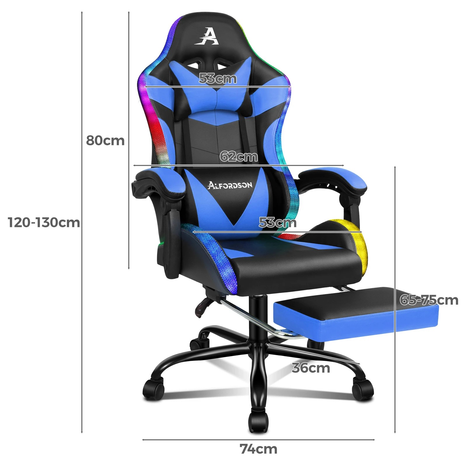 3 Alfordson Gaming Chair Office Massage 12 RGB LED Computer Seat PU Leather - Blue, 3 of 10