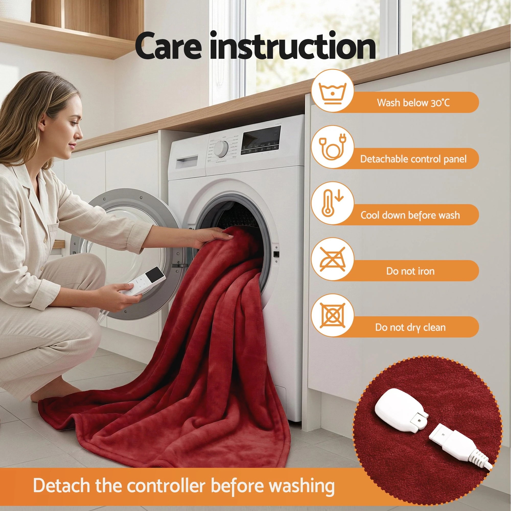 8 Giselle Electric Throw Rug Double Size 200x180cm Fleece Flannel Heated Blanket - Burgundy, 8 of 8