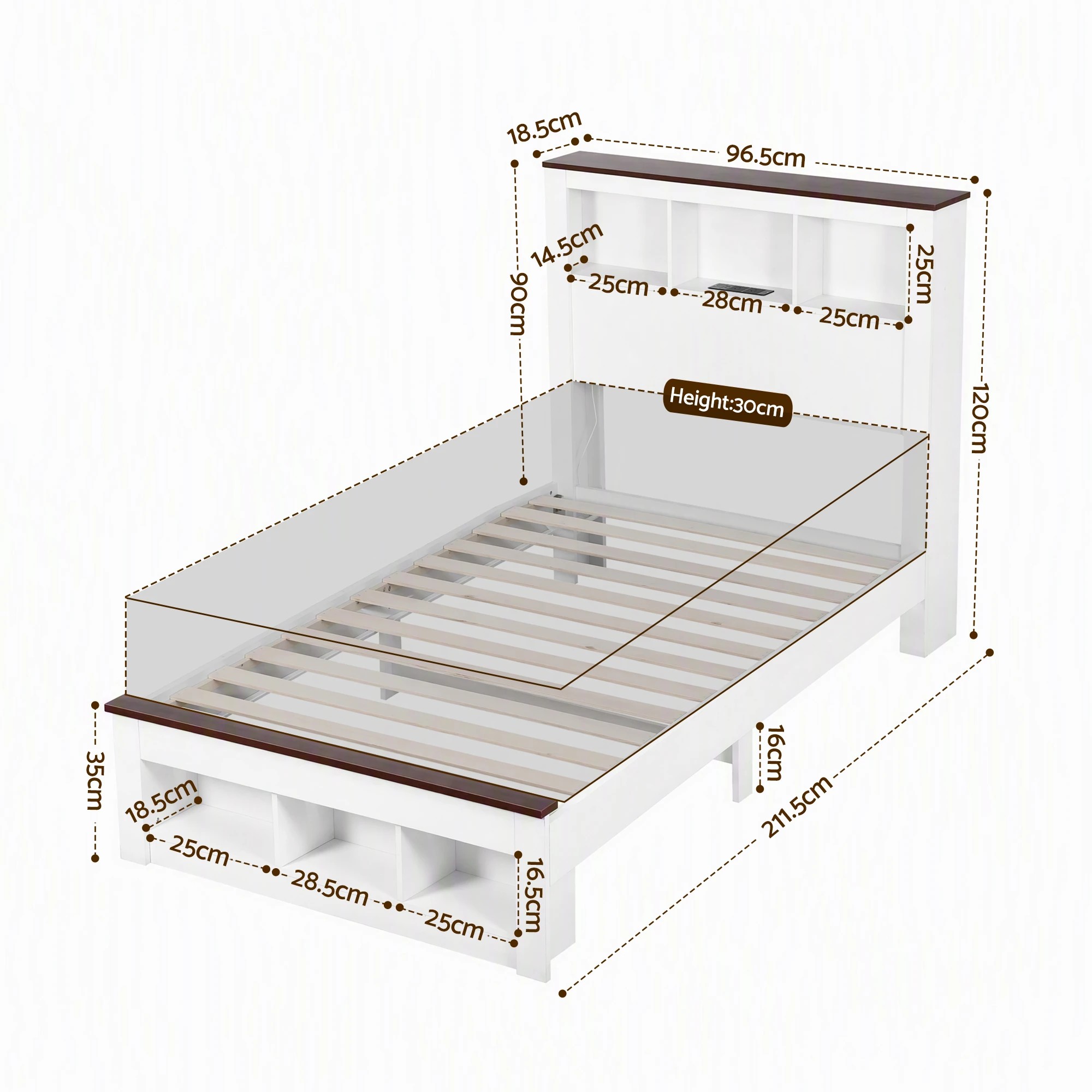2 Artiss Bed Frame with Storage Bookcase Headboard and Footboard, - Single Bed - White, 2 of 9