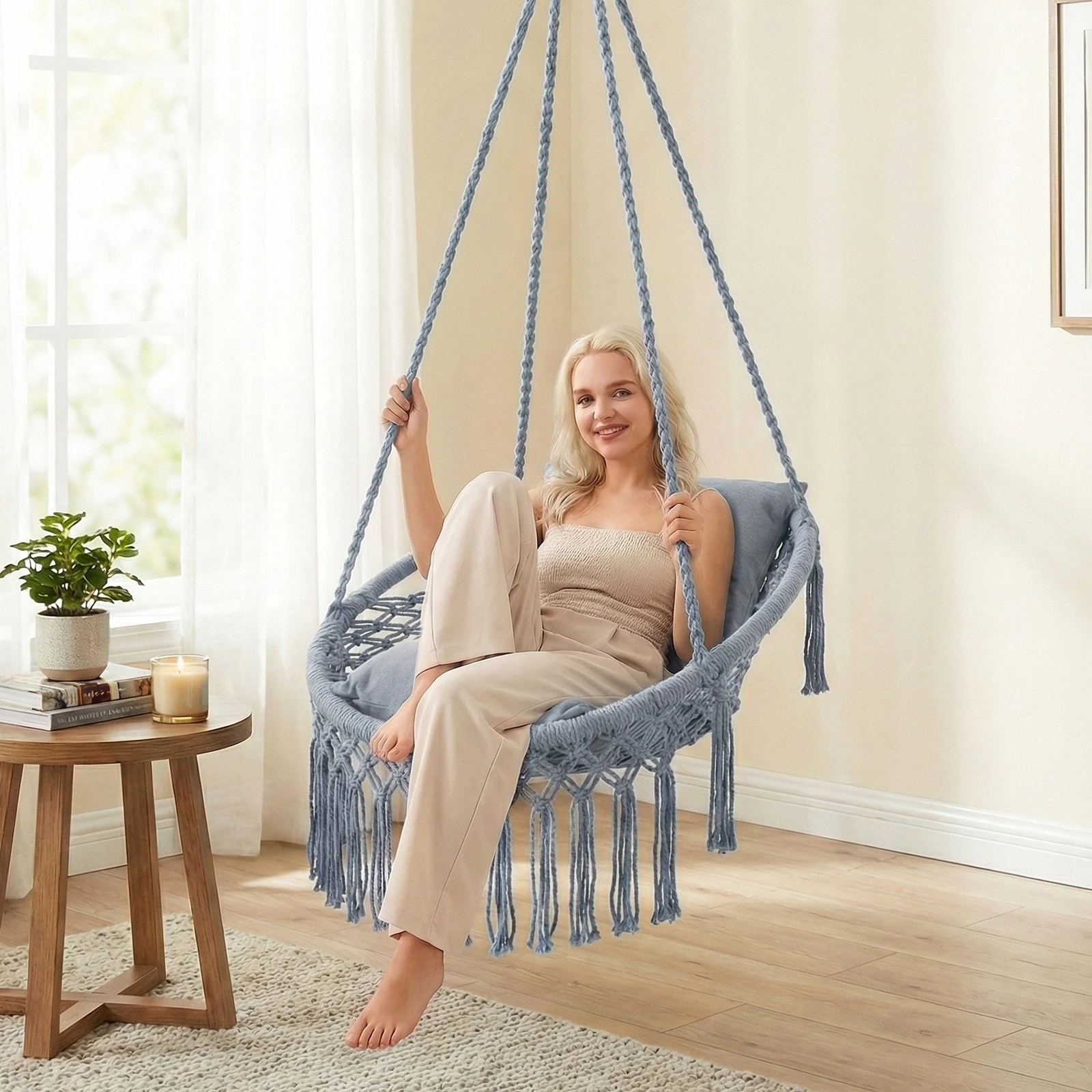 4 Costway Macrame Swing Chair Boho Rope Hanging Hammock Chair - Grey, 4 of 4