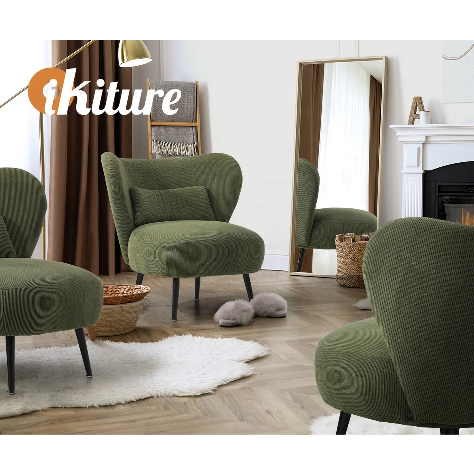 5 Oikiture Armchair Lounge Chair With Lumbar Pillow Wingback Velvet
 - Green, 5 of 10