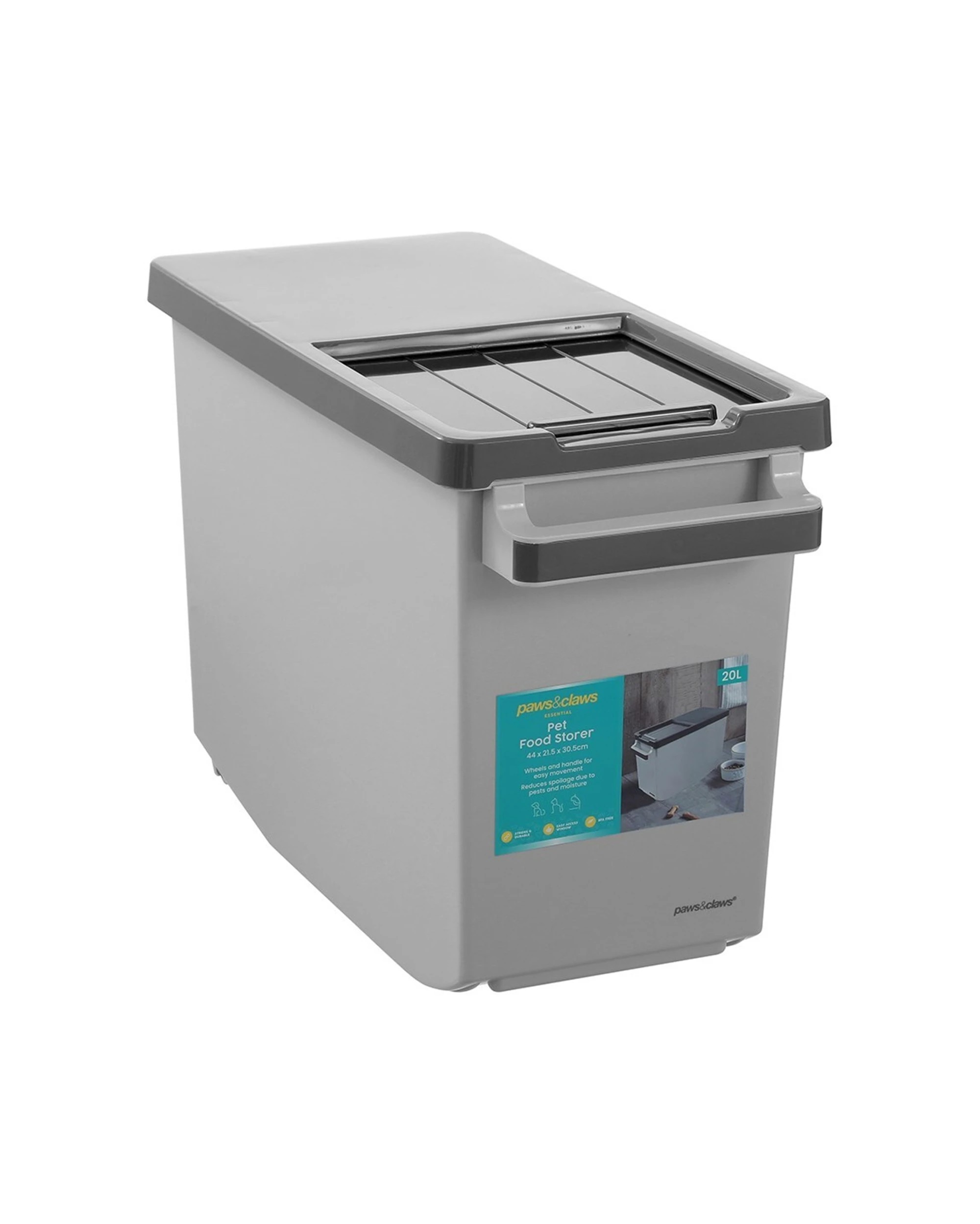1 Paws & Claws 44x30.5cm Pet Dry Food Storer 20l Bin Storage Container W/ Lid
 - Grey, 1 of 7