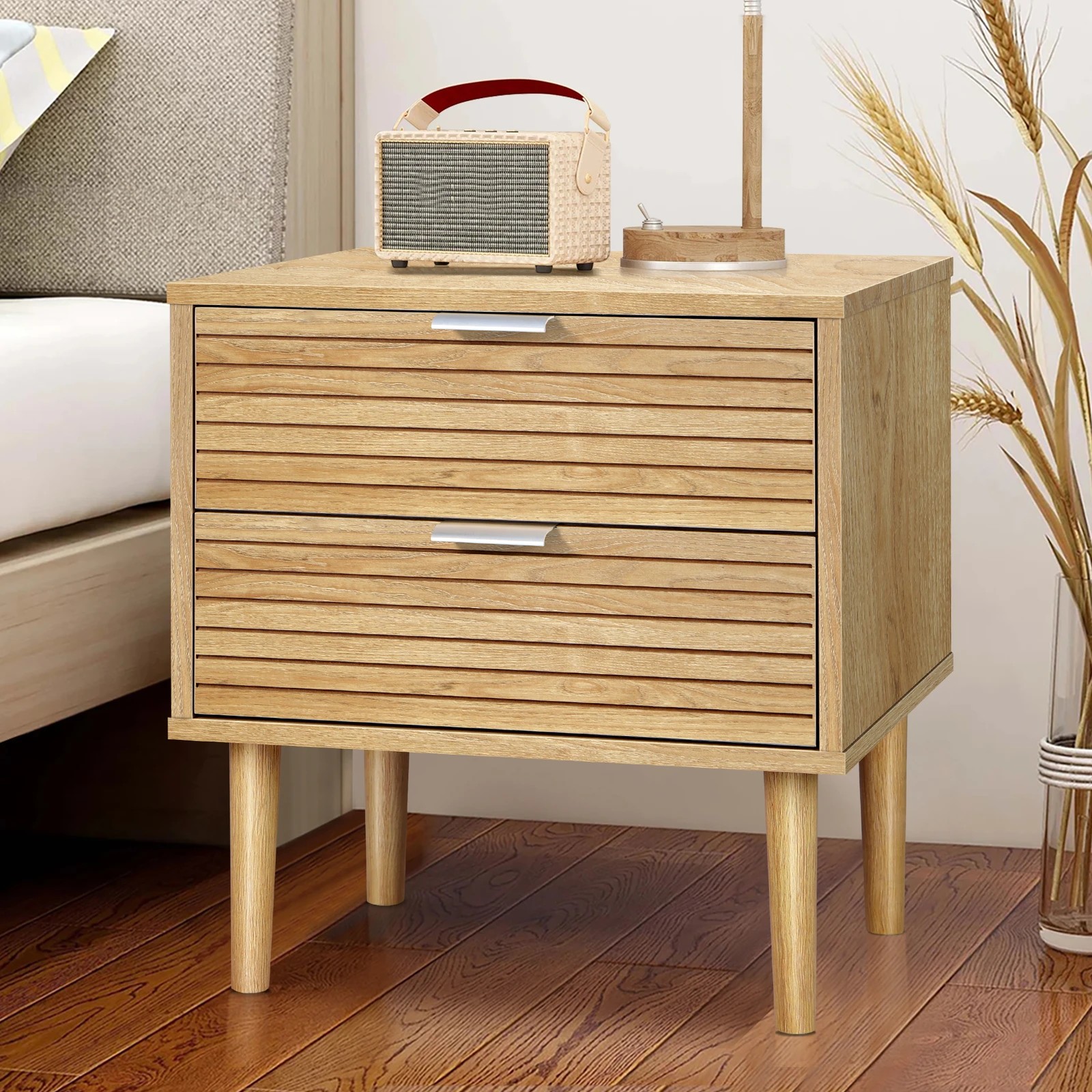 2 Alfordson Bedside Table Nightstand Side Storage Cabinet Slatted Drawer - Oak, 2 of 10